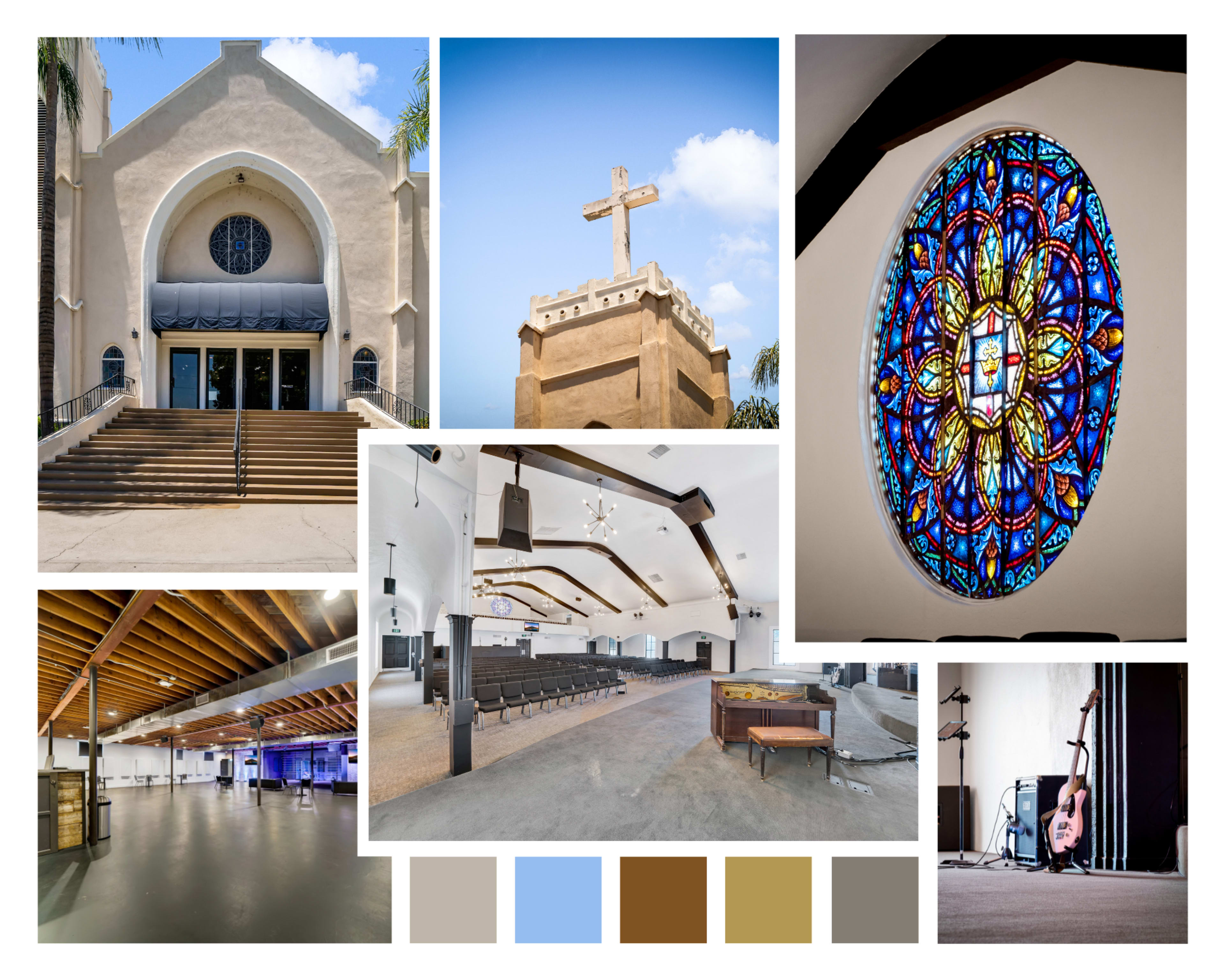Showcases various architectural and design elements of a church, including its entrance, stained glass window, interior space, and a prominent cross on top of a building.