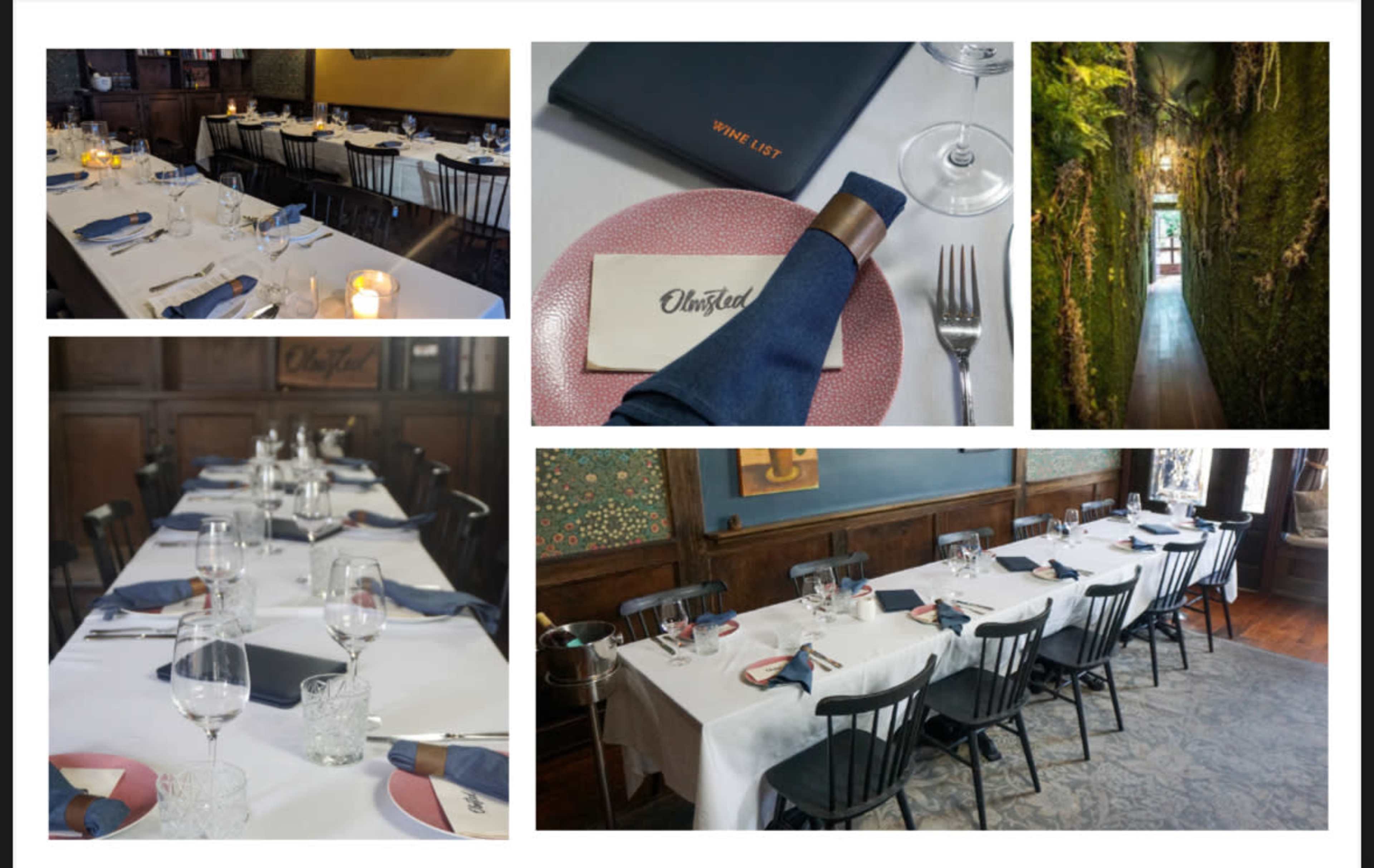 The image showcases an elegantly set dining area with neatly arranged tables, silverware, and glassware, along with a view of a lush, plant-lined hallway.