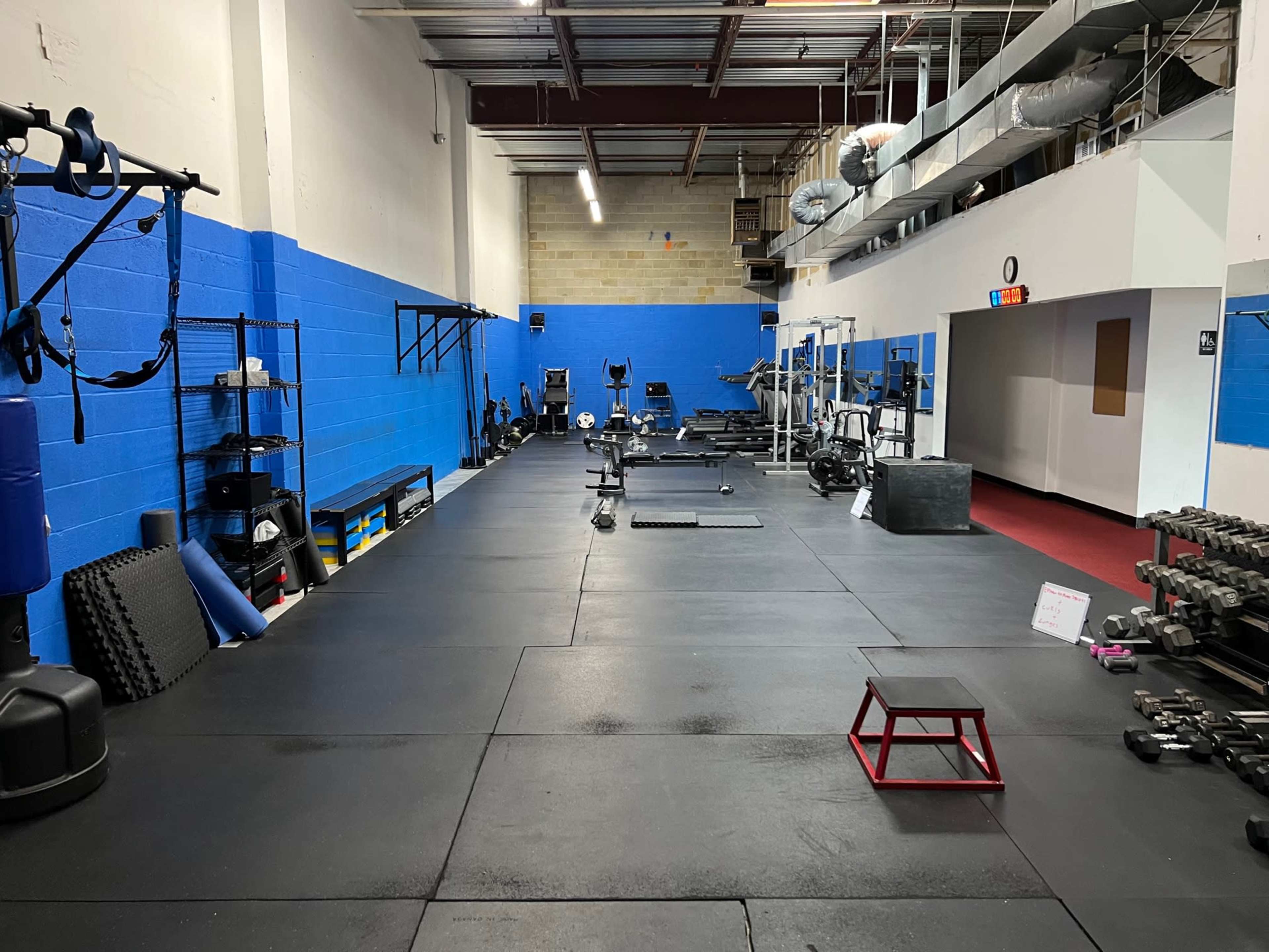 A gym interior with various exercise equipment, including benches, weights, and cardio machines, arranged along a blue and white wall.