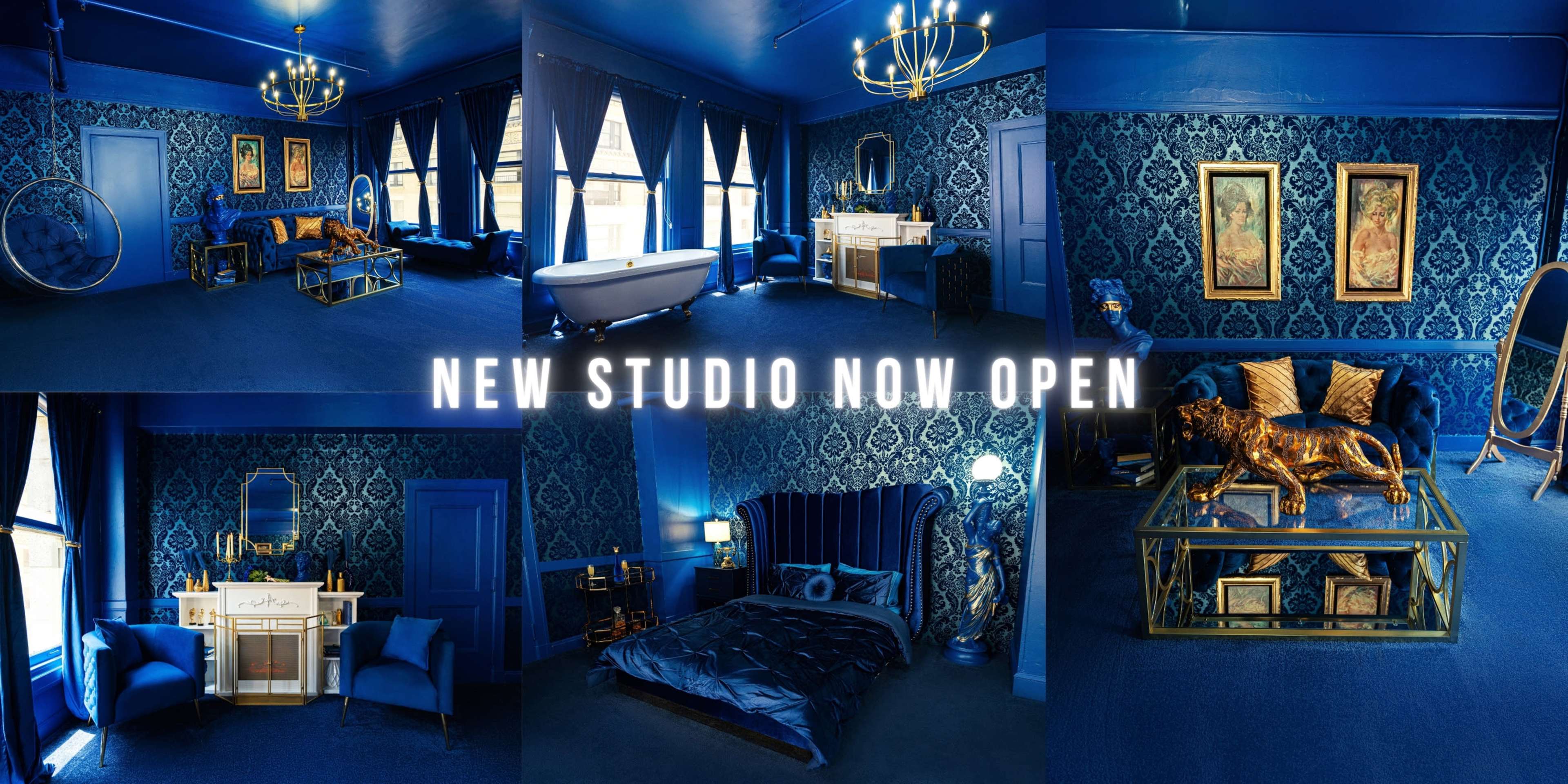 A newly opened studio featuring a blue-themed interior with a variety of furnishings, including a bathtub, seating areas, and decorative art.
