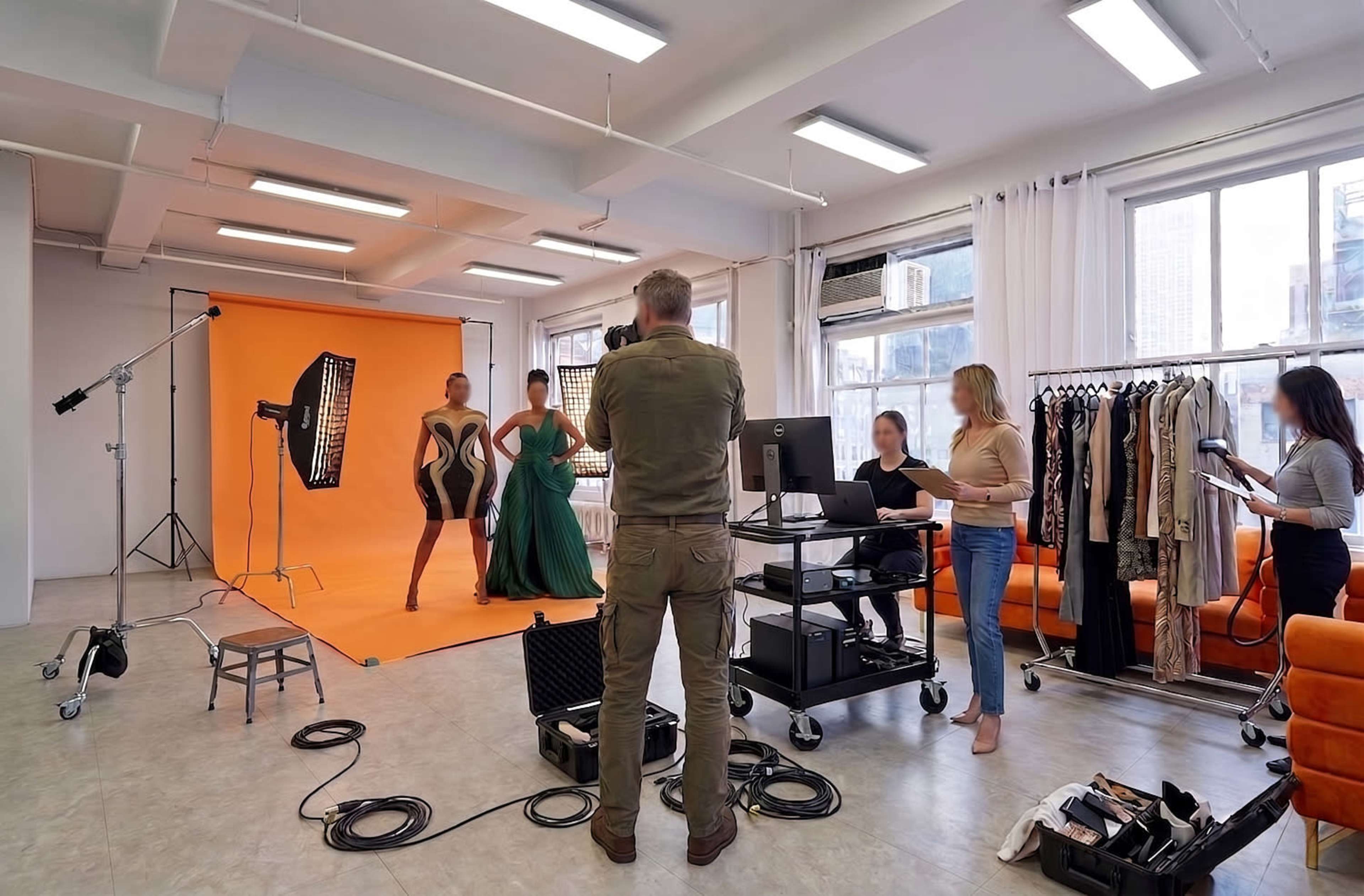 A group of models poses in front of an orange backdrop while a photographer captures images in a studio setting.