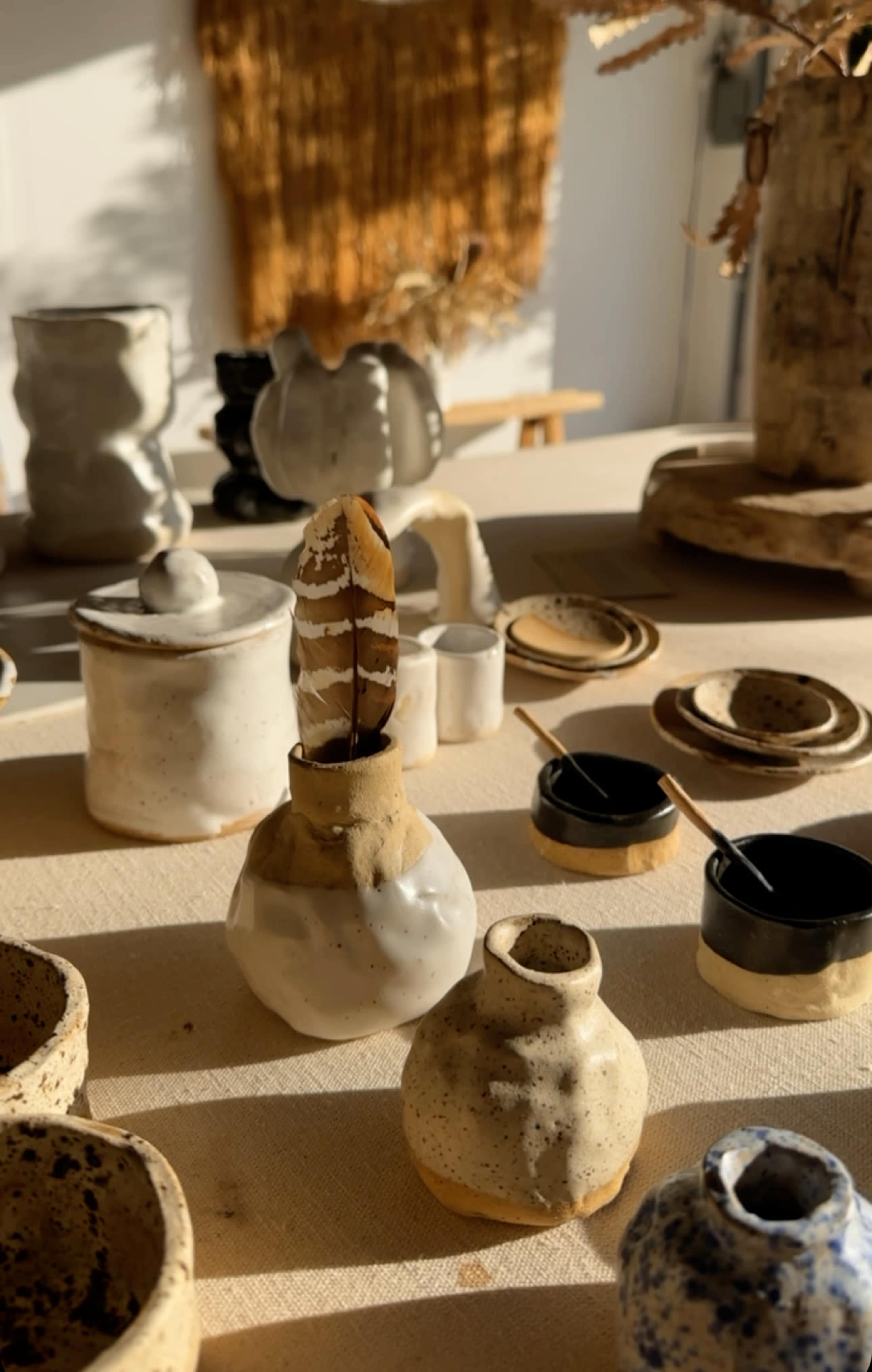The image shows a collection of various ceramic pottery pieces arranged on a surface, including vases, bowls, and containers, with a decorative feather placed in one of the vases.
