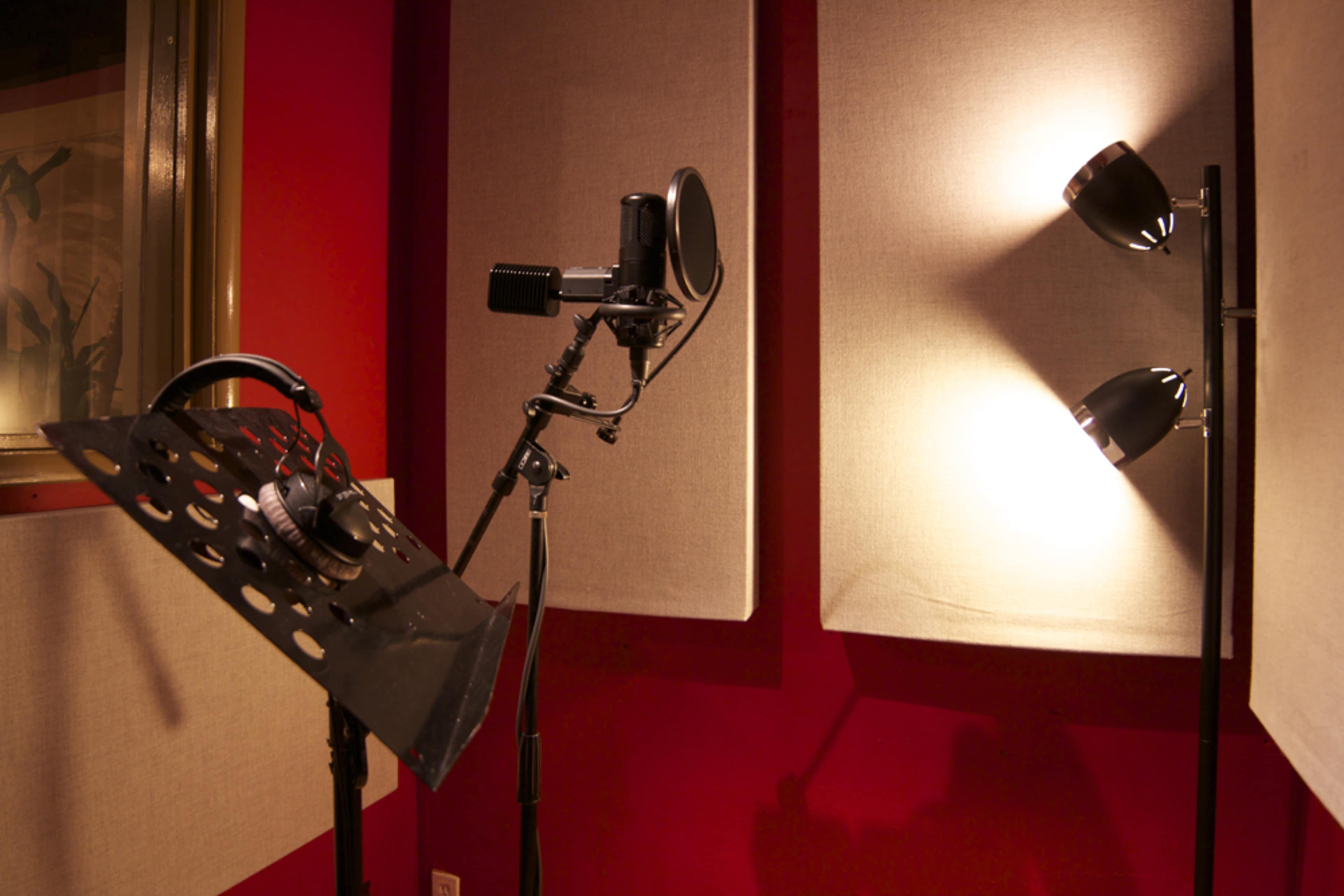 The image shows a microphone set up on a stand beside a music stand, with soundproofing panels on the walls and lamps providing illumination.