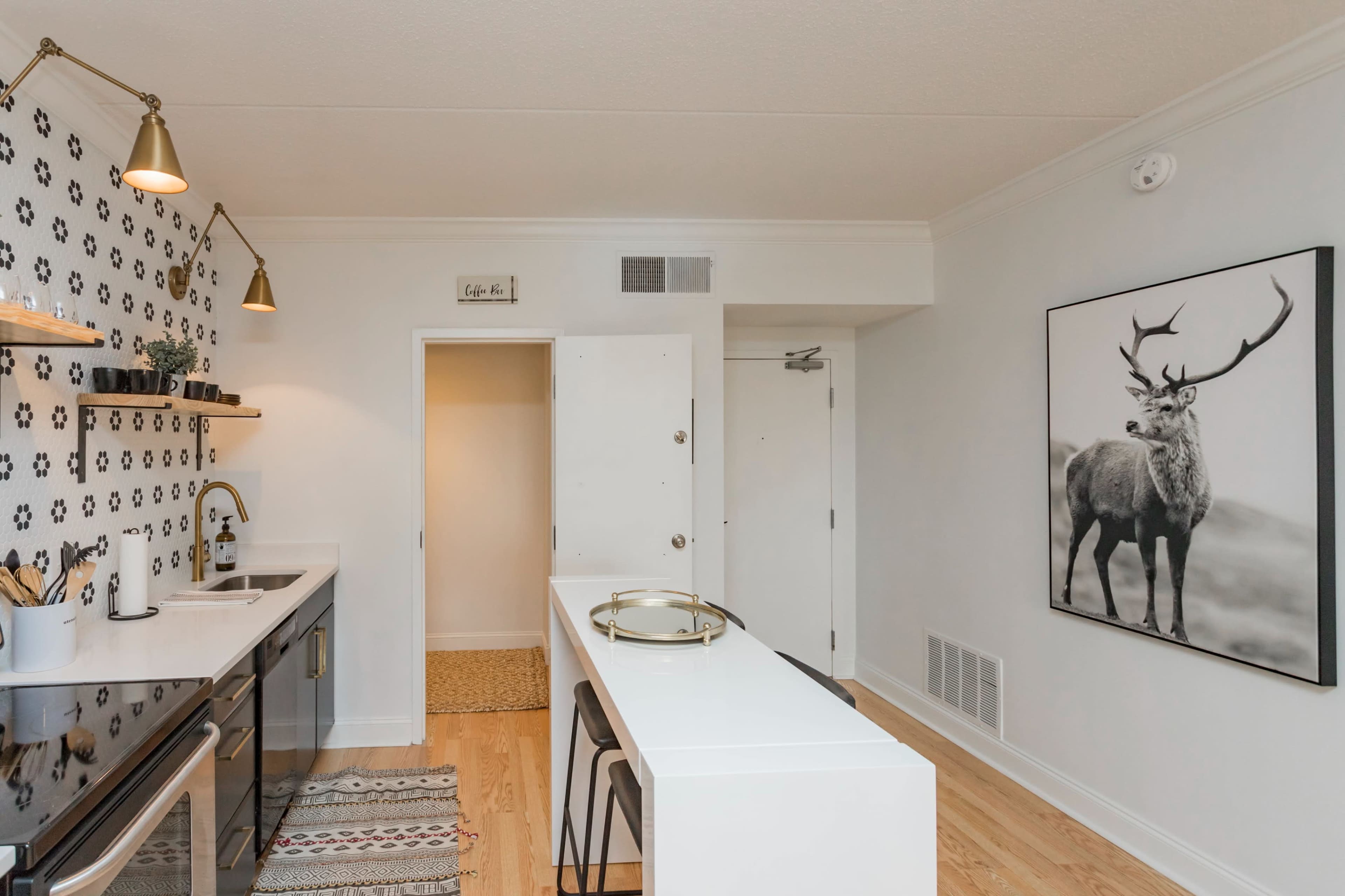 A modern kitchen features a black and white color scheme with an island, a deer photograph on the wall, and stylish lighting.