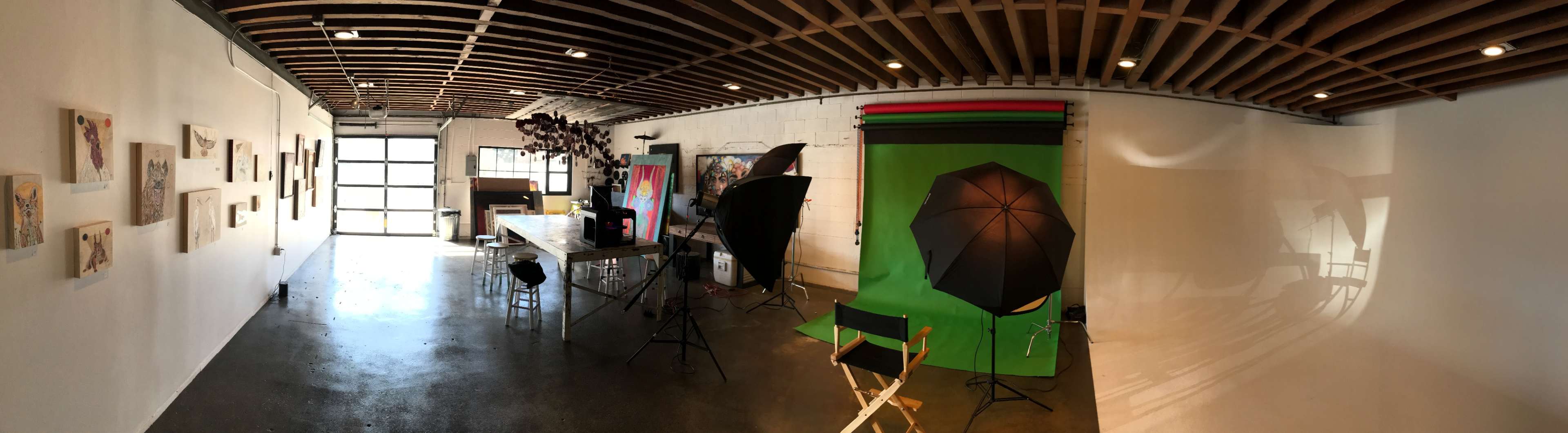 The image shows a studio space with photography equipment, including lights and a green screen, alongside art displayed on the walls.
