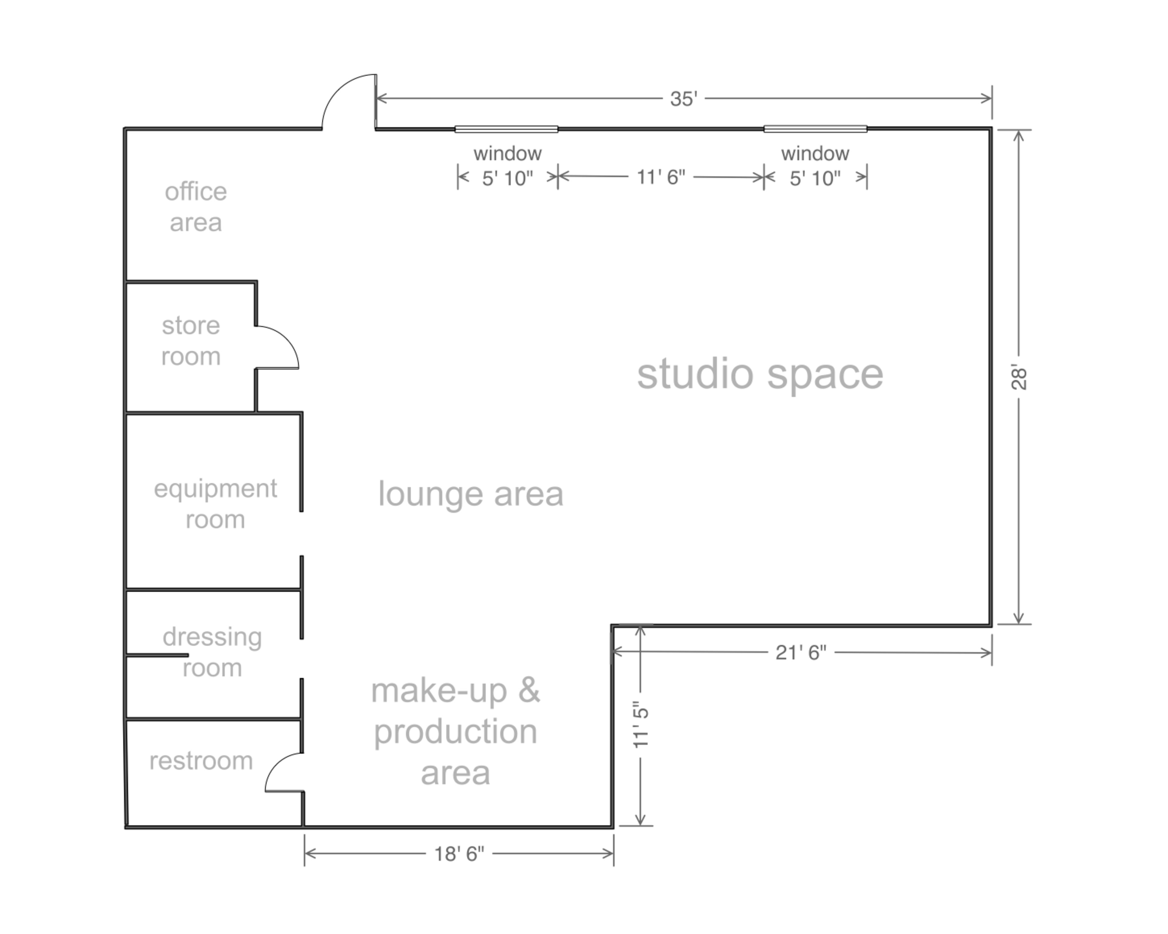 The image shows a floor plan of a studio layout, including designated areas for a lounge, office, store room, equipment room, dressing room, restroom, and a main studio space.