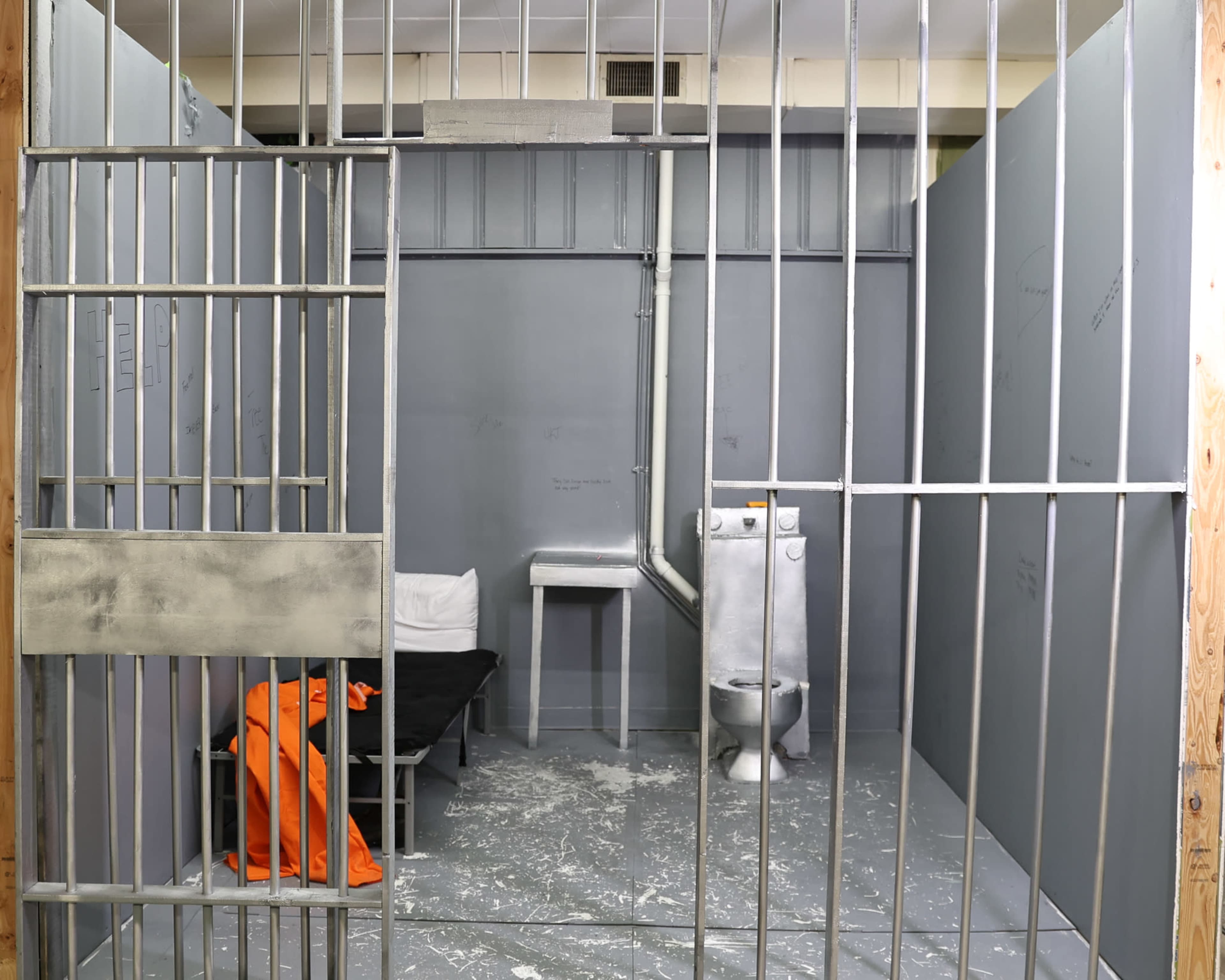 The image shows a stark prison cell with a bed, a toilet, and gray walls, viewed through metal bars.