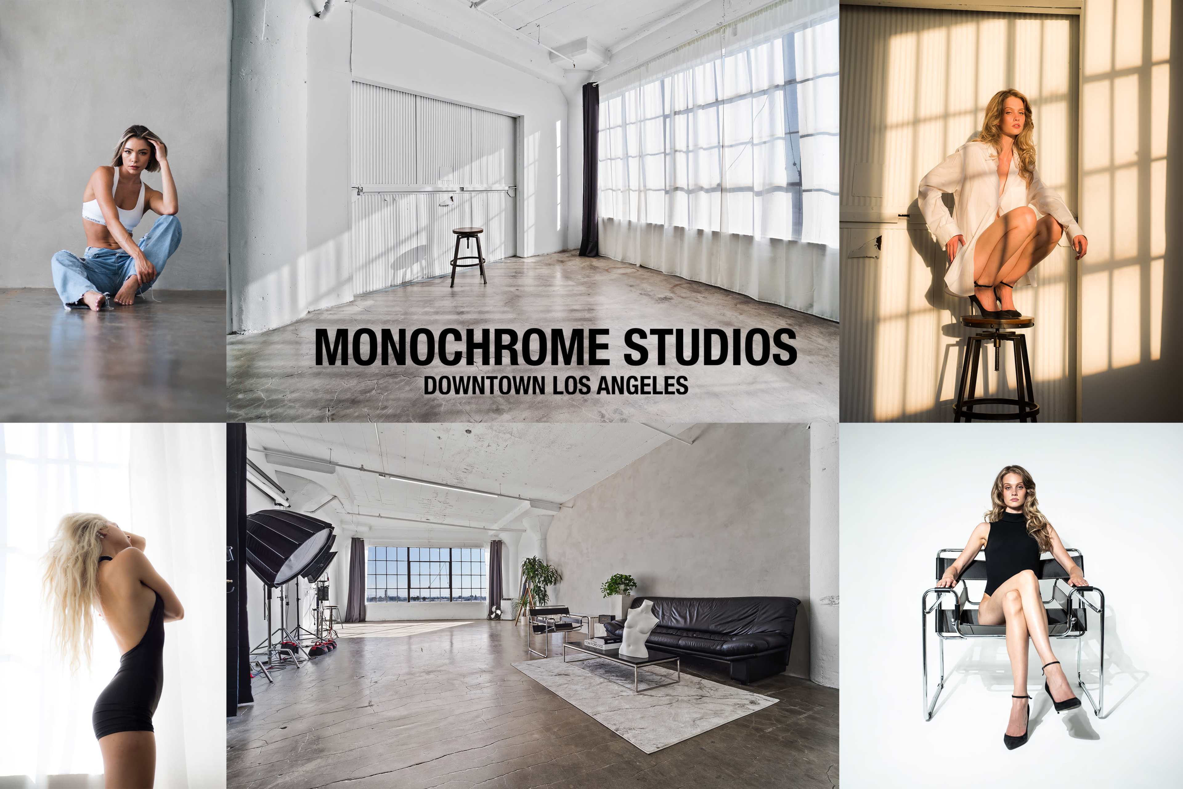 A collage of various studio settings in Downtown Los Angeles, showcasing models posing in different styles and arrangements.