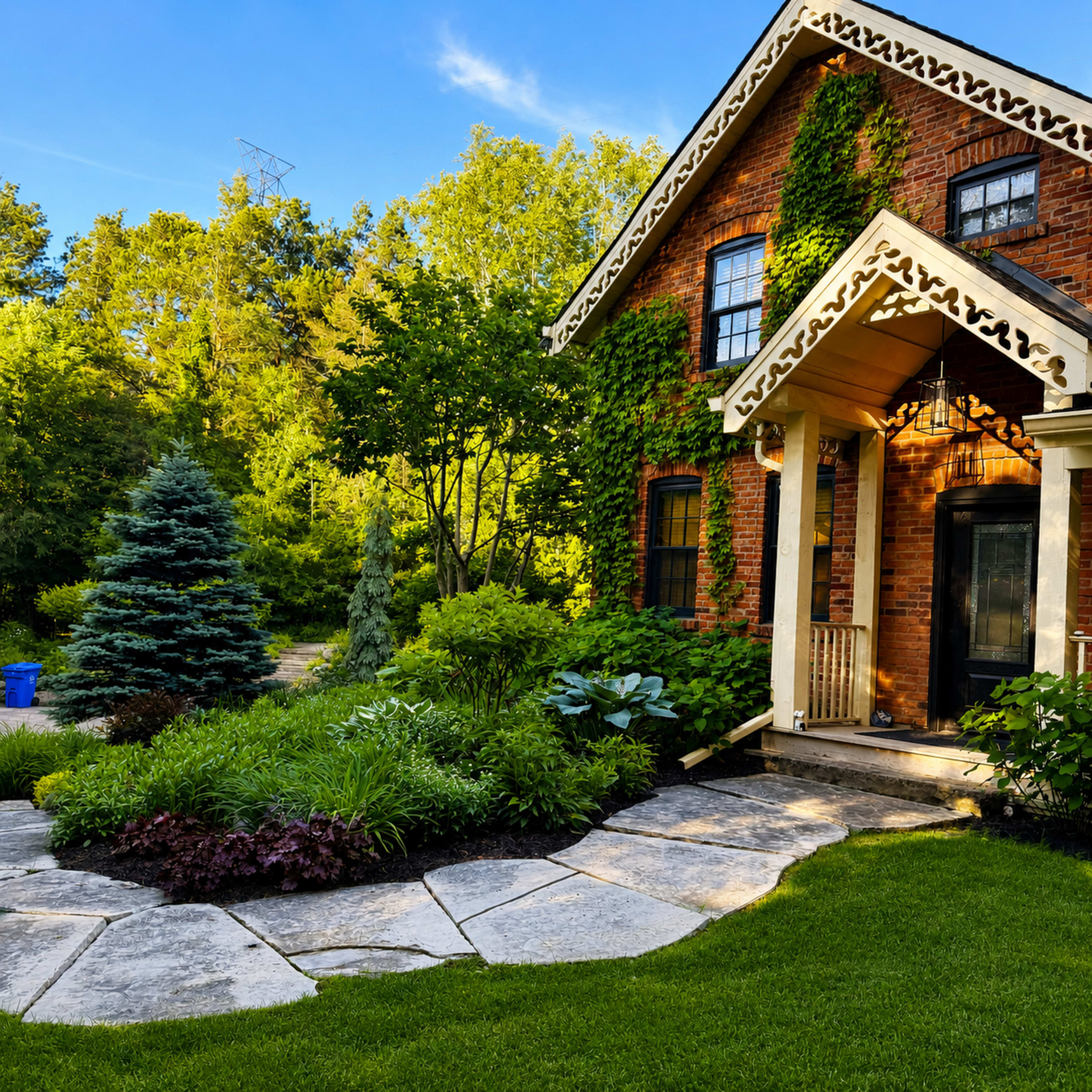 A brick house with a porch is surrounded by neatly manicured gardens and trees, with a stone walkway leading to the entrance.