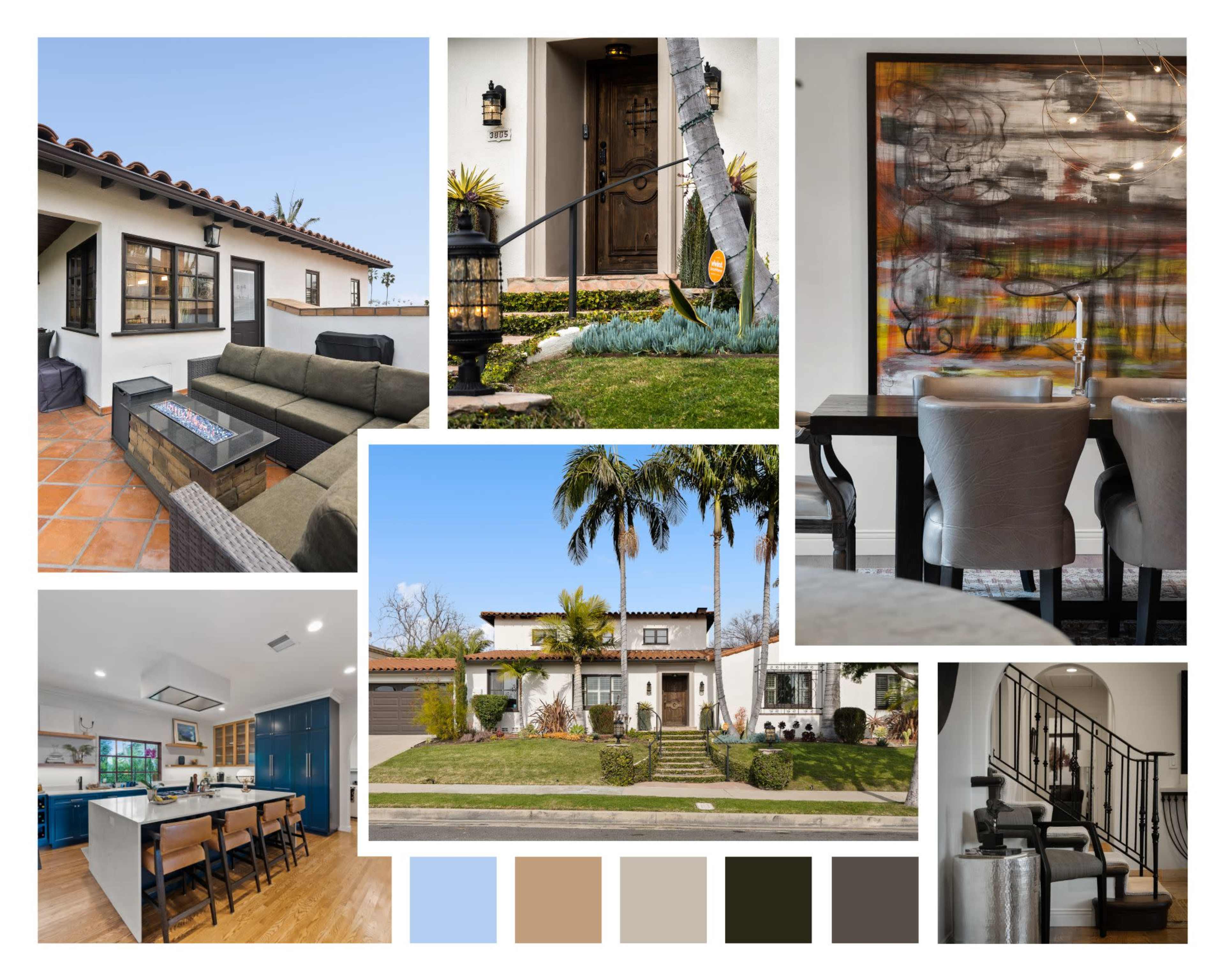 The image collage showcases various views of a modern home, including the exterior facade, a living room area, a dining space, and a kitchen with blue cabinetry.