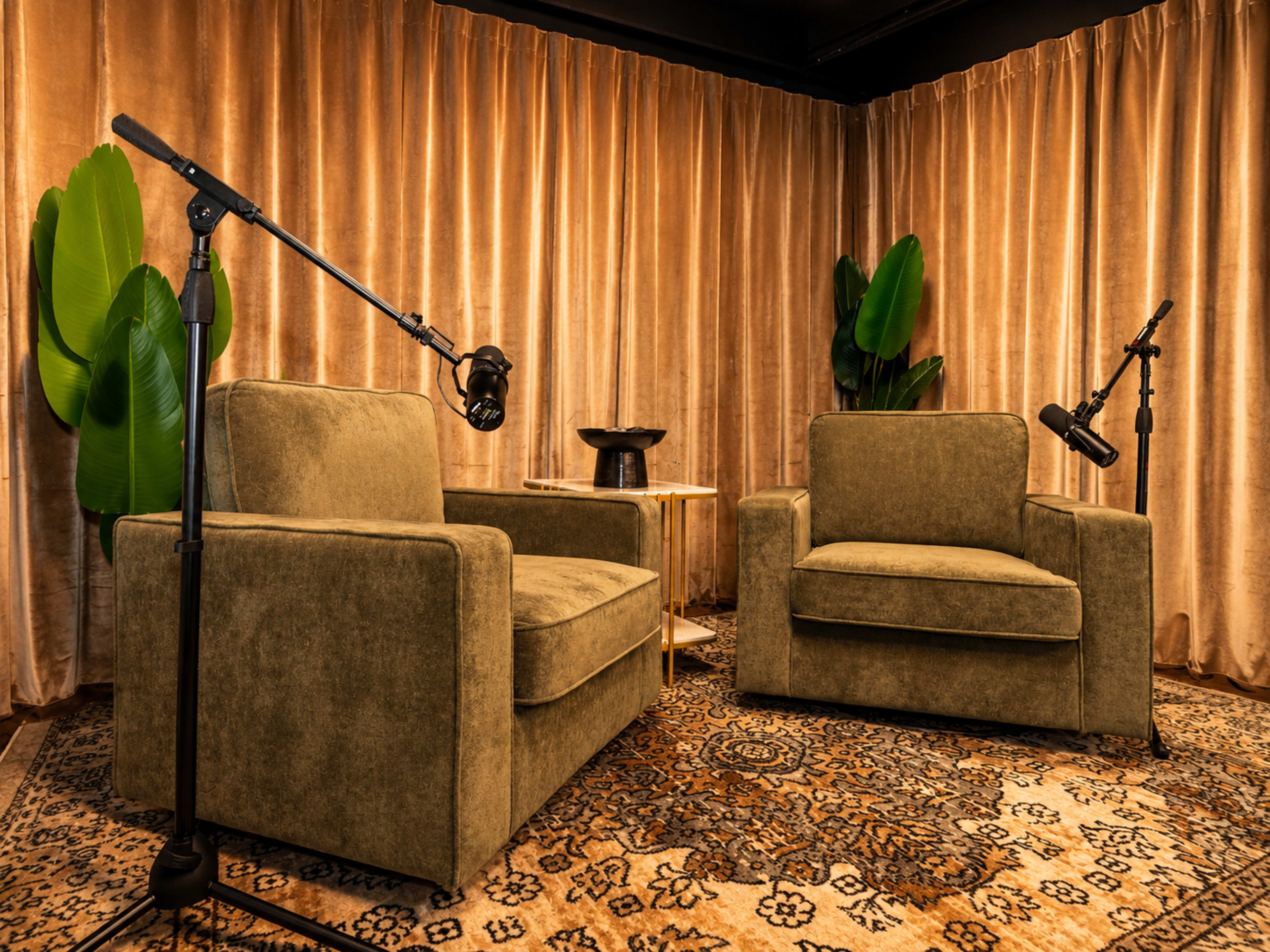 The image shows two green armchairs with microphone stands positioned on either side, set against a backdrop of golden curtains and large indoor plants.