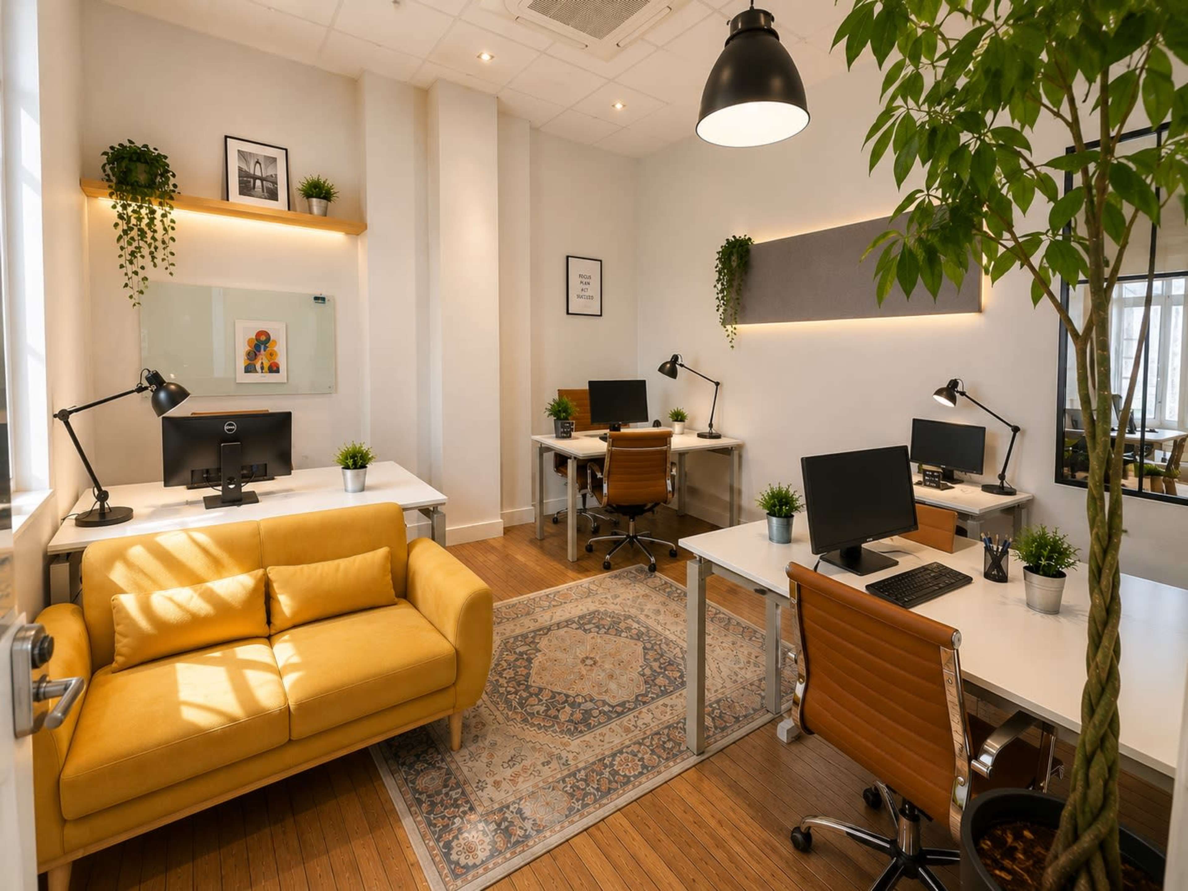 The image shows a modern office space with two workstations, a yellow sofa, and indoor plants providing a bright, organized environment.