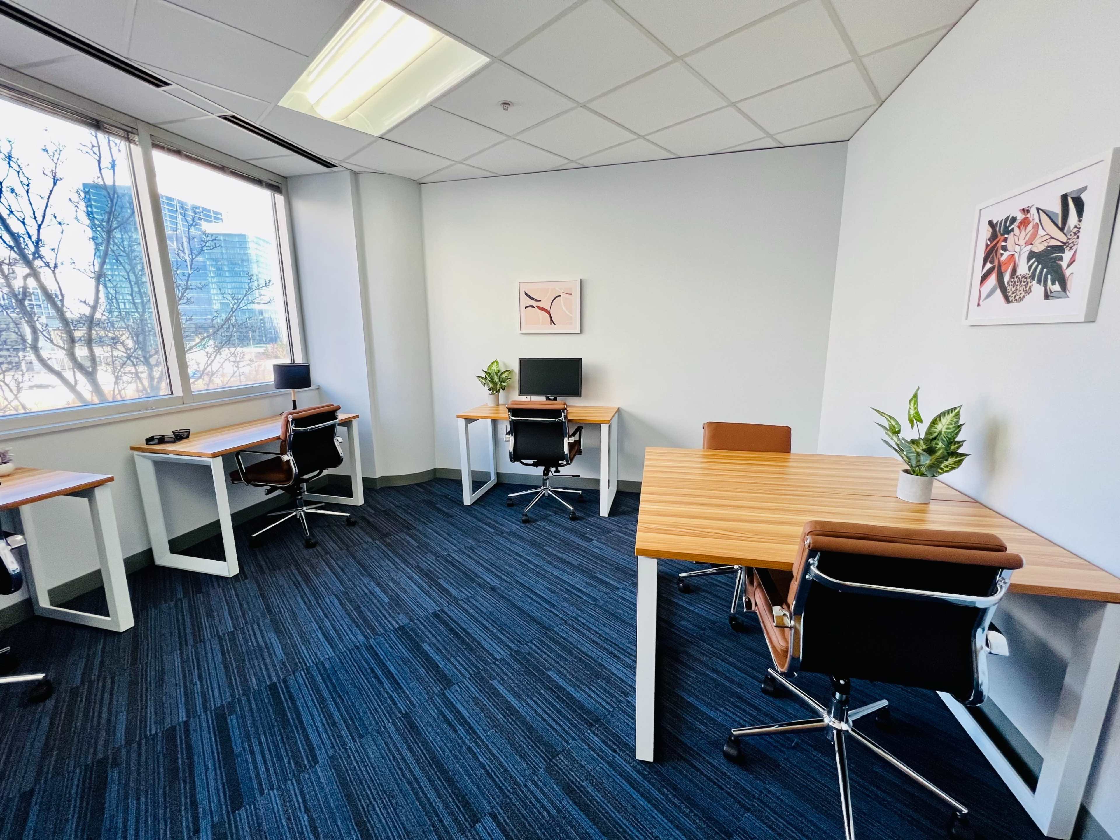 An office space featuring two wooden desks with chairs, a computer setup, and potted plants, all arranged near large windows.