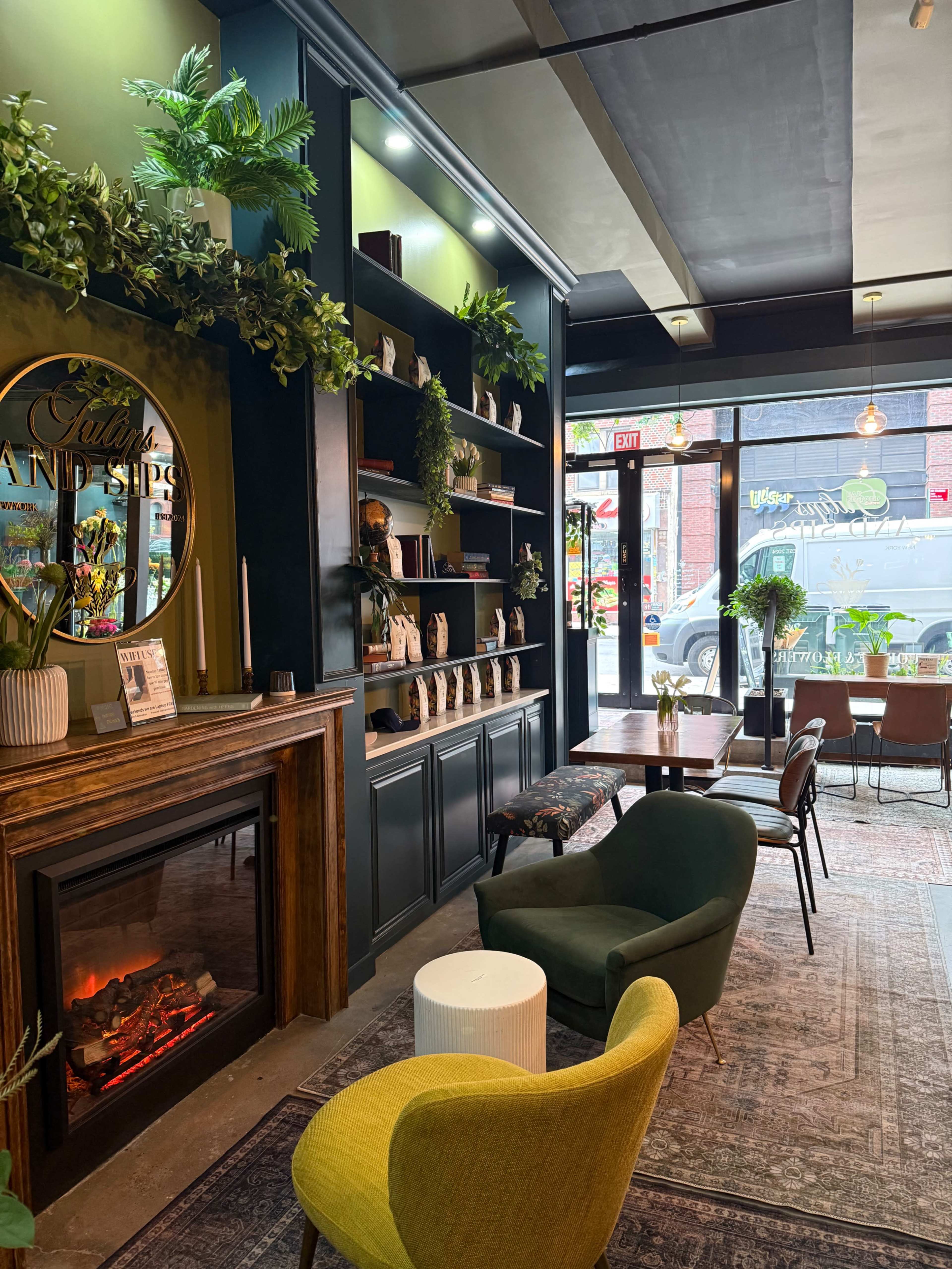 Cozy space with fireplace and books all around. Image in Williamsburg, Brooklyn, NY