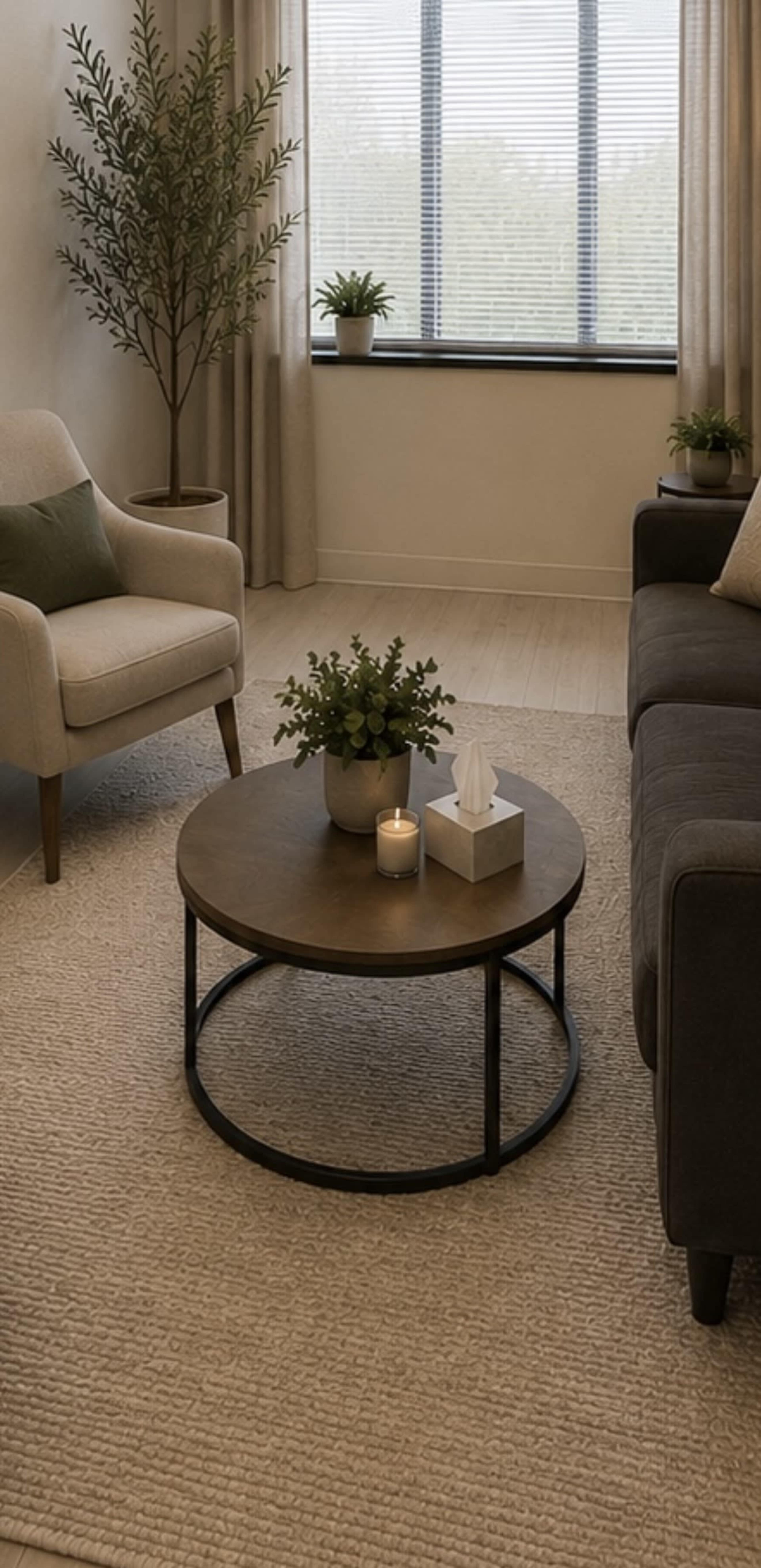 A cozy living room features a gray sofa and a beige armchair around a round coffee table, adorned with a plant and a candle, illuminated by natural light from a window.