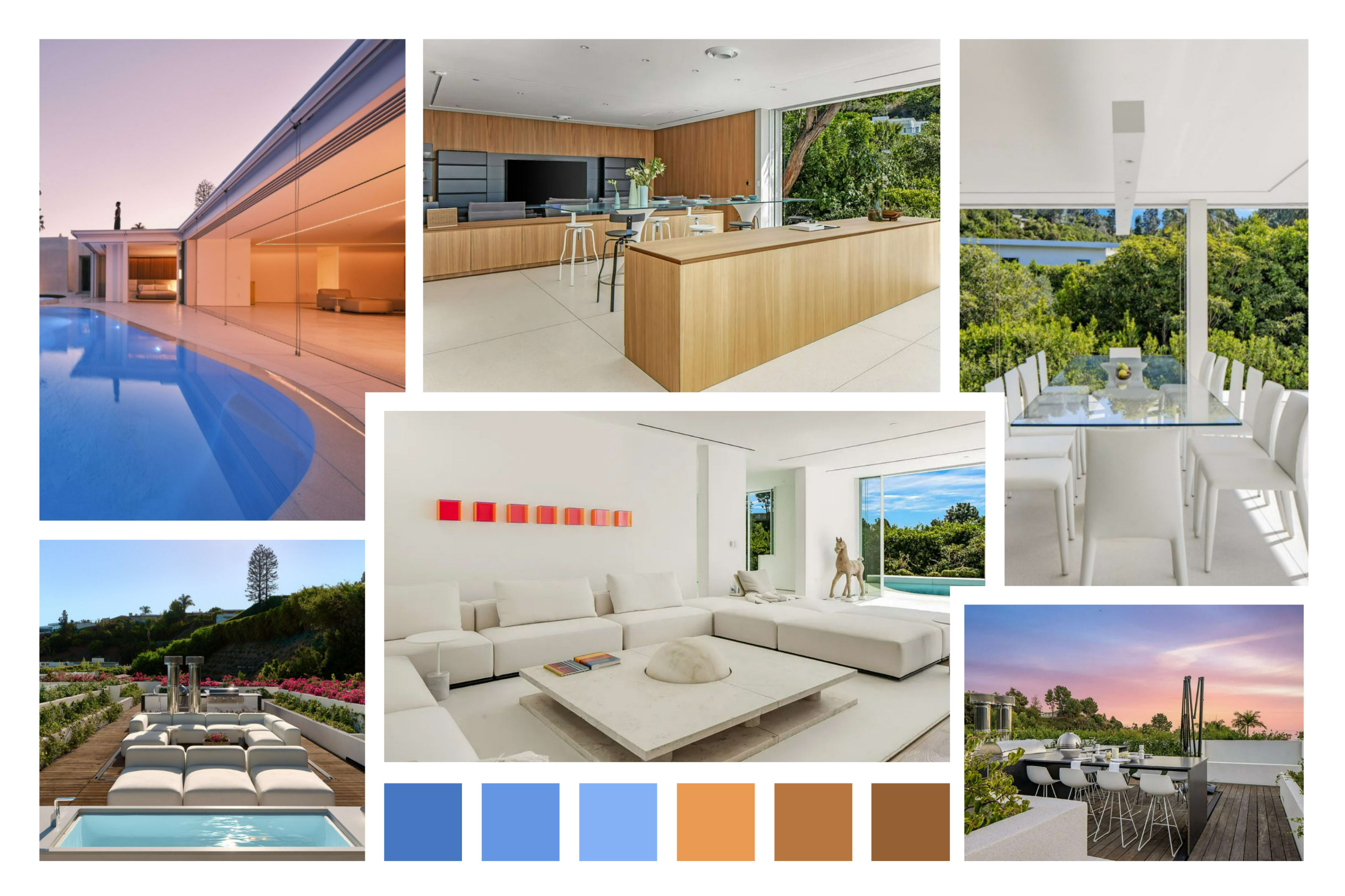 The image showcases a modern, luxurious home featuring a sleek pool, an open-concept kitchen with wooden accents, a bright living area with white furnishings, and a dining space with a view of lush greenery.