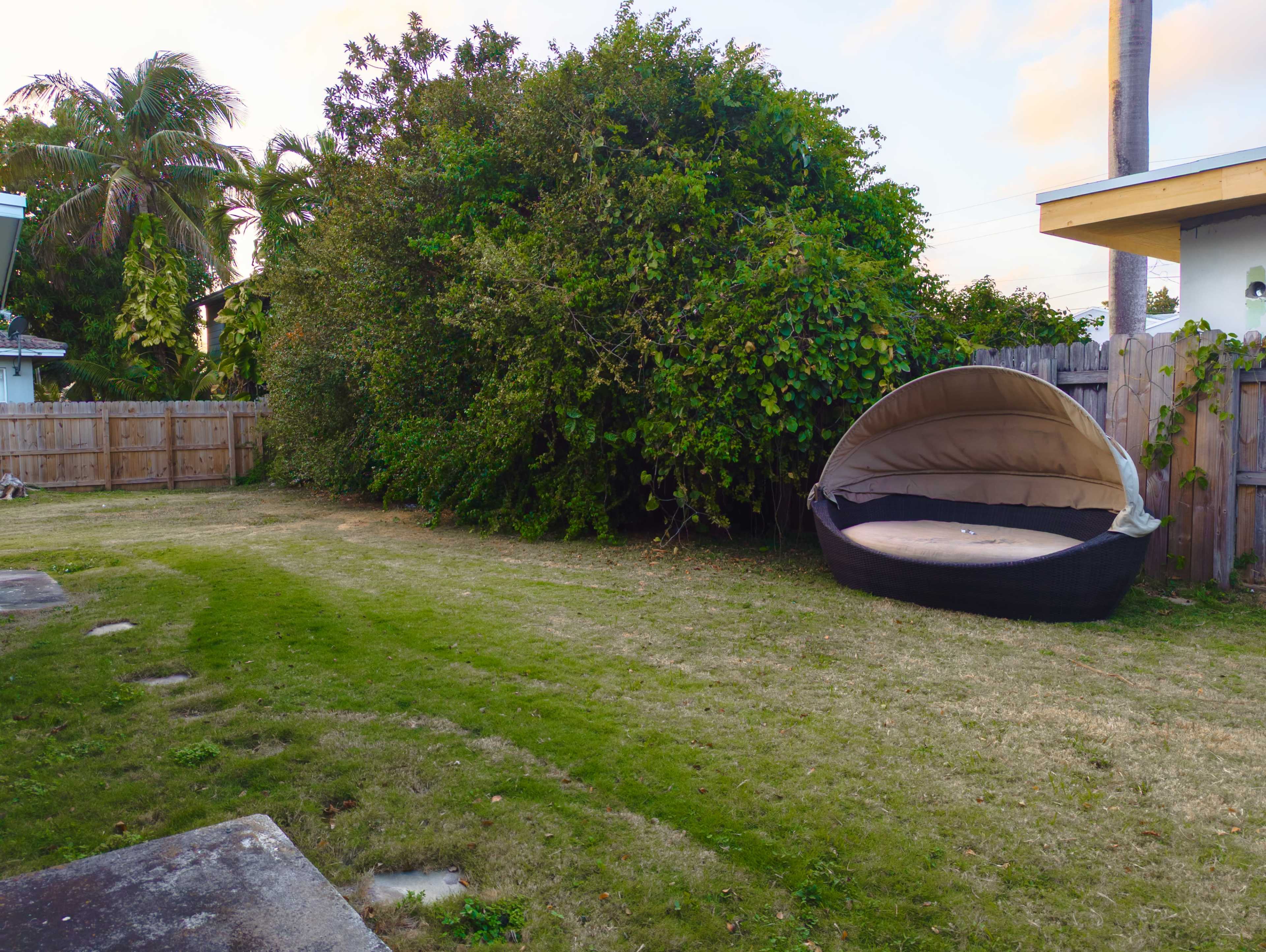 The image shows a spacious backyard with a large bush and a circular outdoor seating area covered by a canopy.