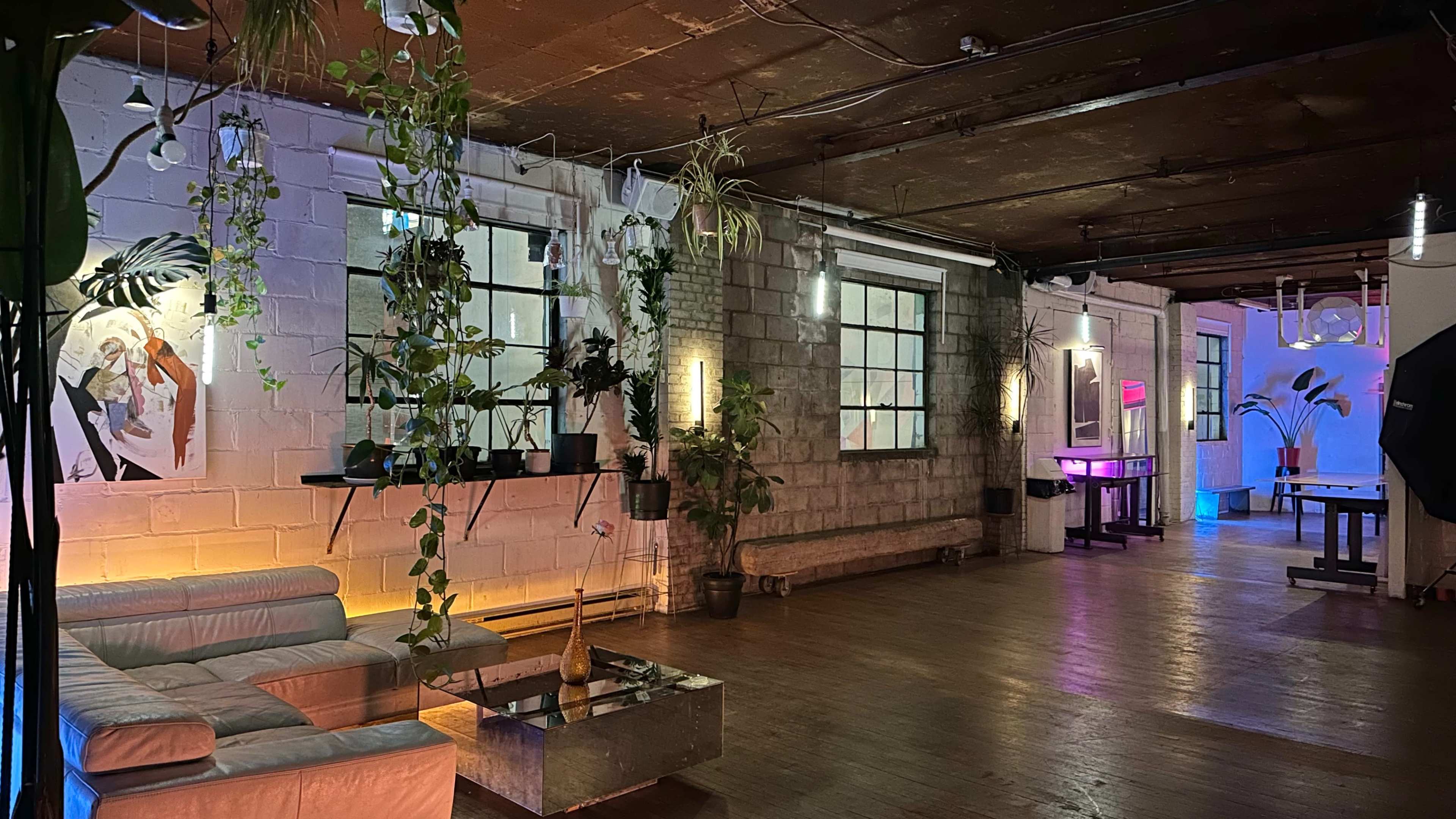 The image shows a spacious, well-lit interior featuring a modern lounge area with a light-colored sofa, plants hanging from the ceiling, and colorful ambient lighting along the walls.