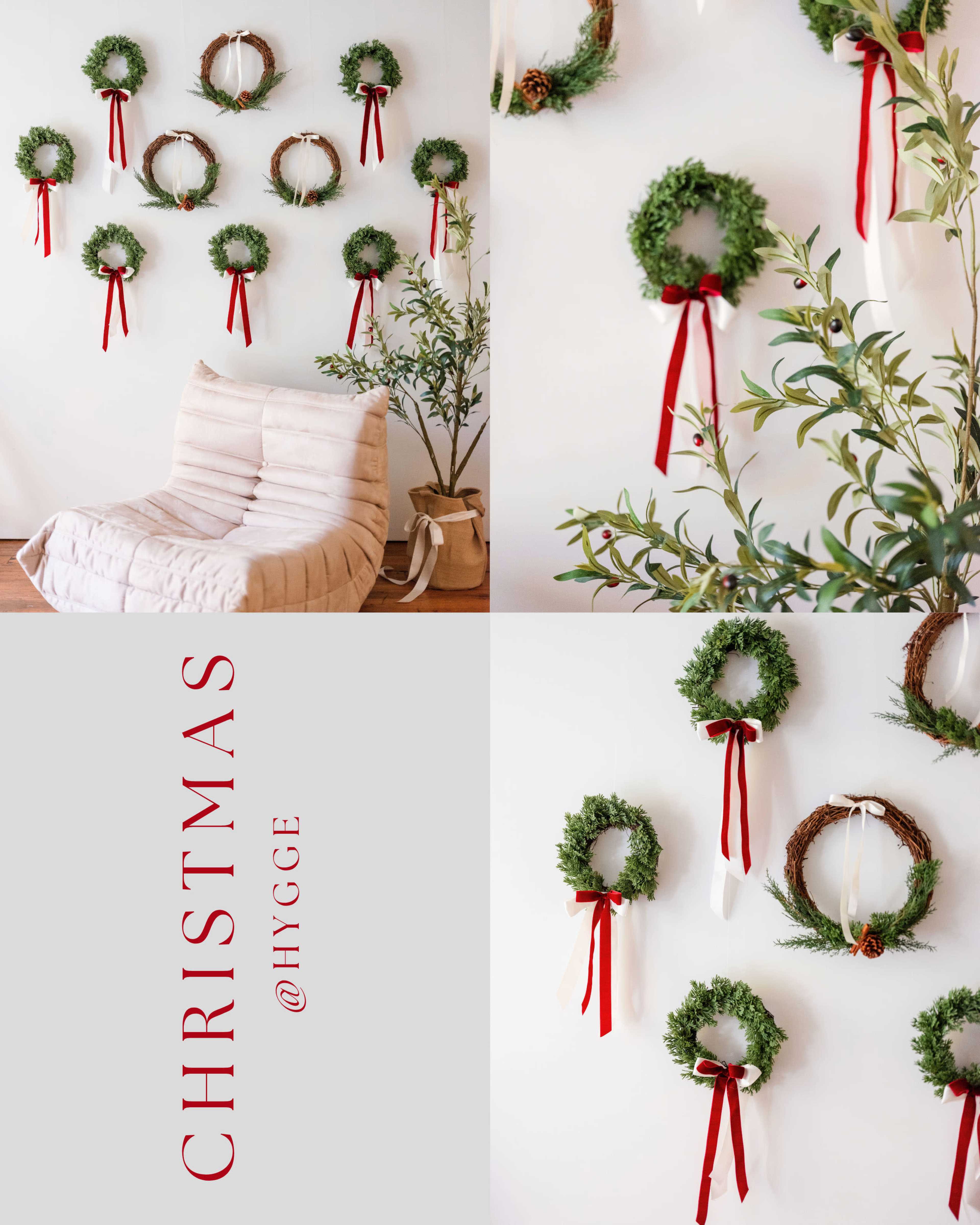 The image features a cozy indoor scene with a white wall adorned with several small wreaths tied with red ribbons, alongside a plush armchair and potted plants.
