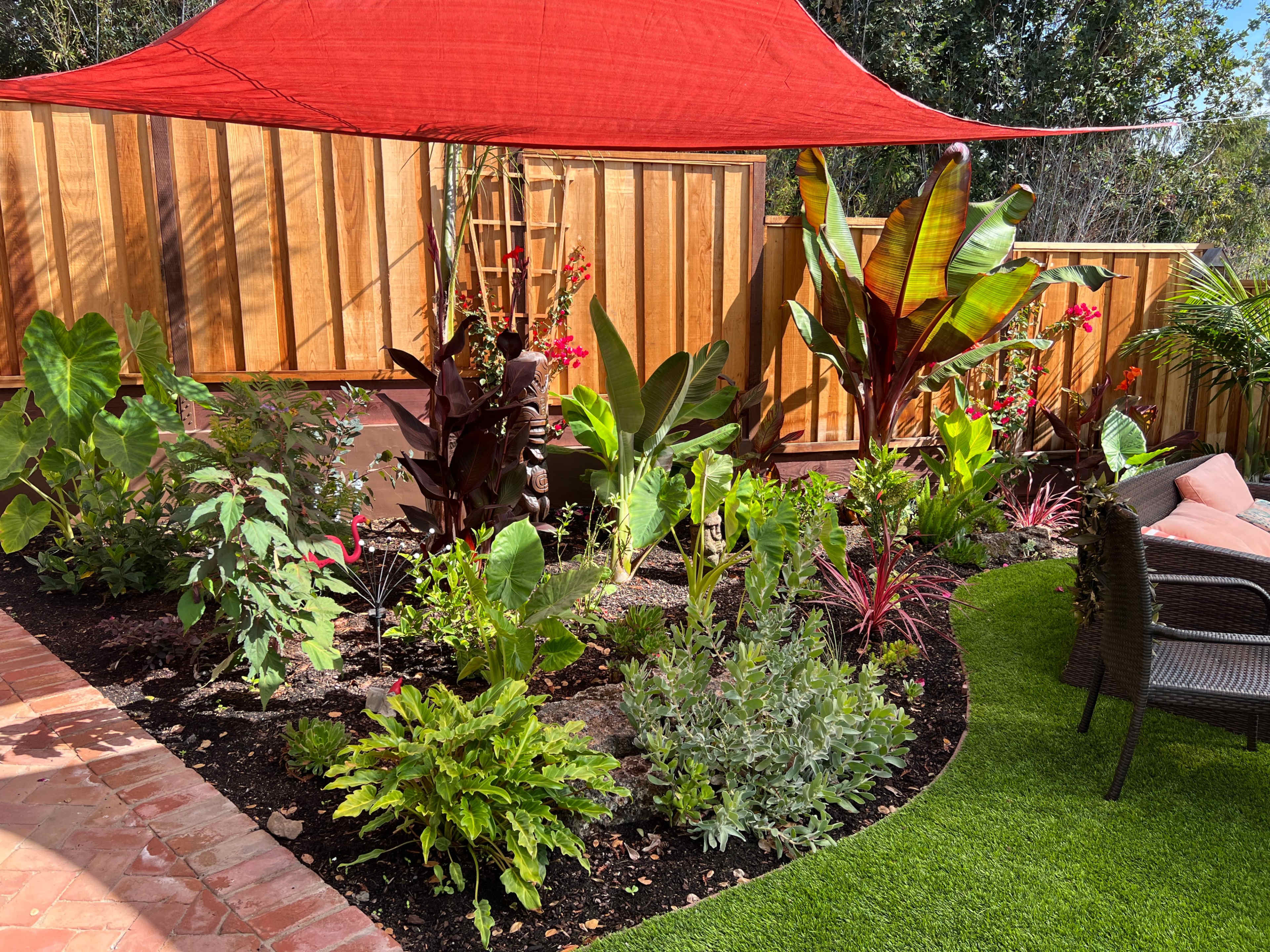 A landscaped garden features various plants, including tropical foliage and flowers, with a red shade sail overhead and a wooden fence in the background.