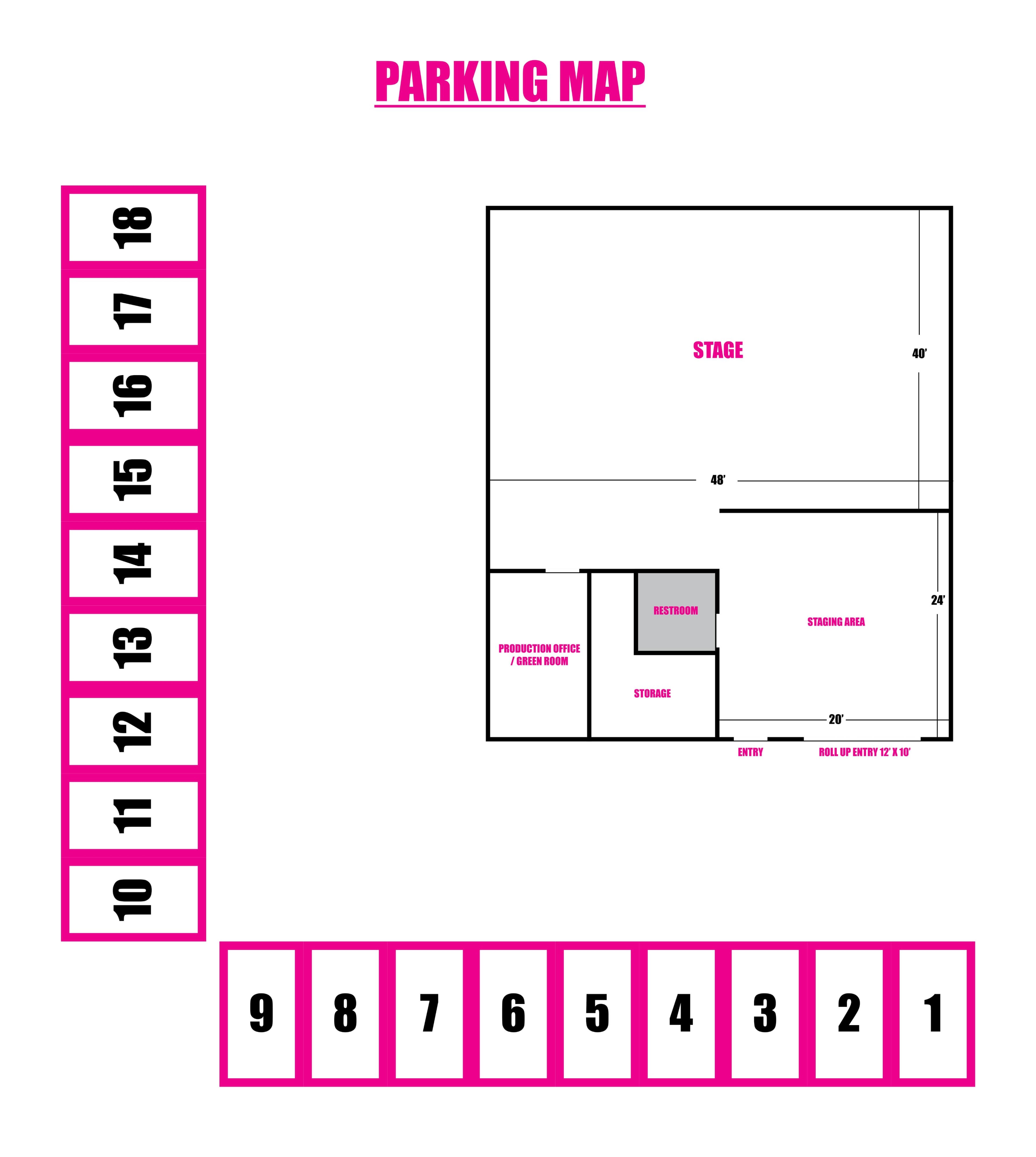 A parking map with numbered spaces arranged alongside a layout of a building that includes a stage, restrooms, and storage areas.