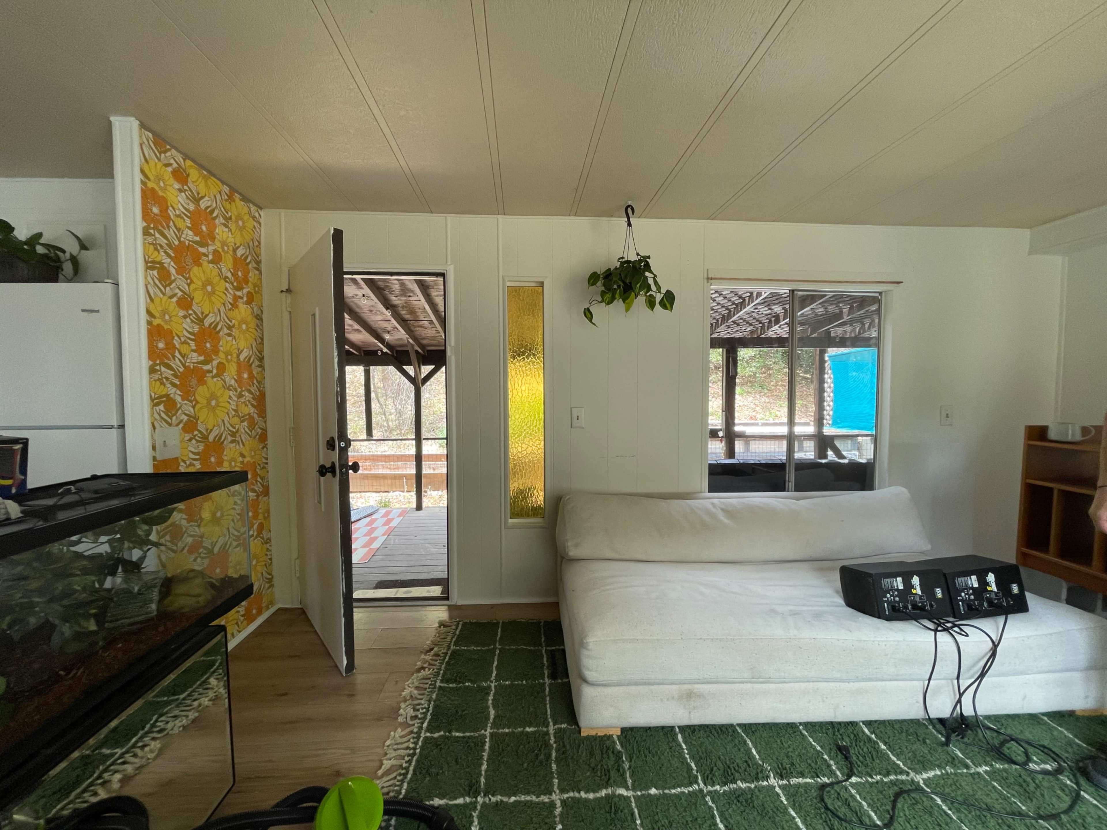 The image shows the interior of a small room with a white couch, a visible doorway leading outside, and a green rug on the floor.