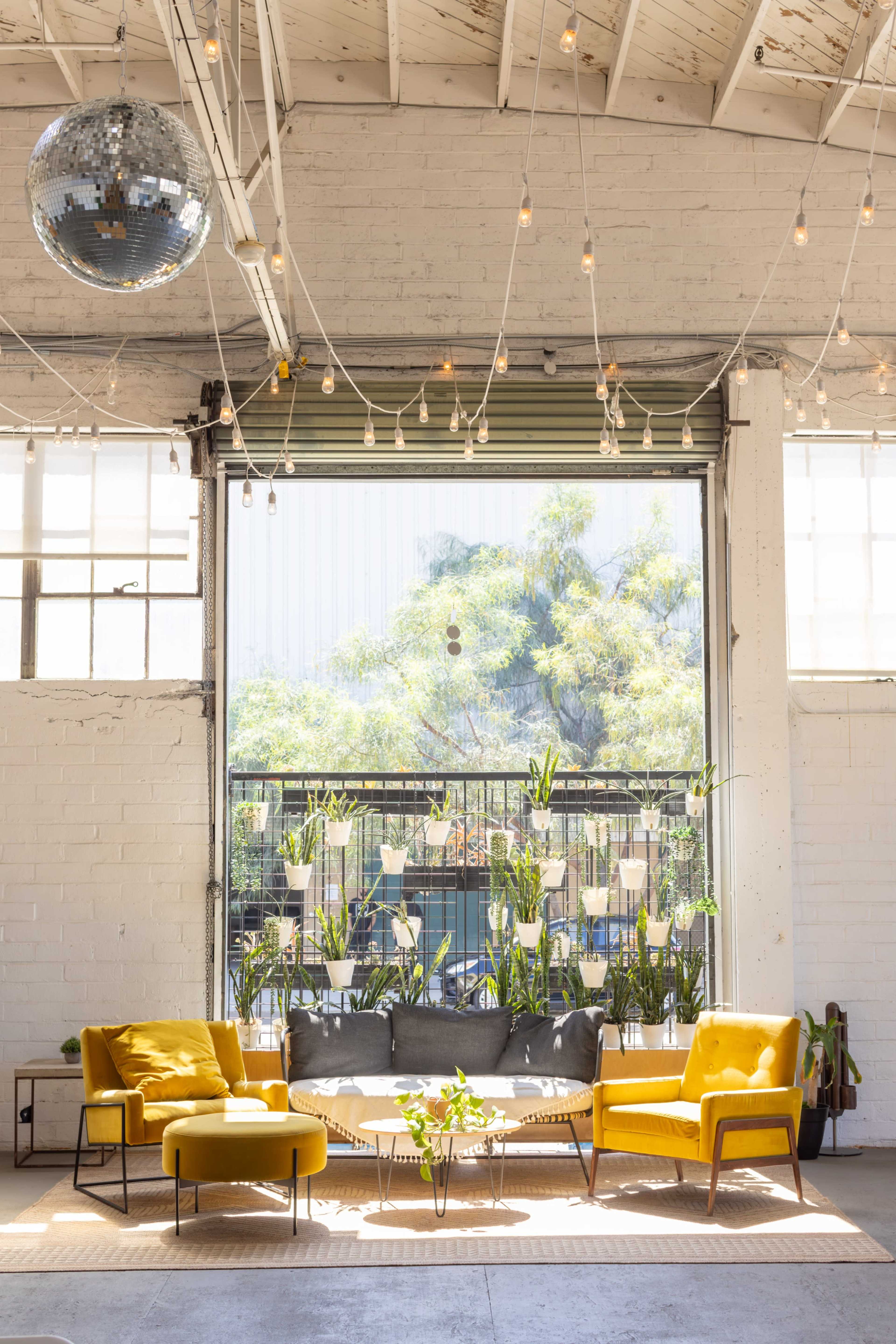 A modern seating area with yellow chairs and a gray sofa is illuminated by natural light streaming through large windows, surrounded by hanging plants and a disco ball.