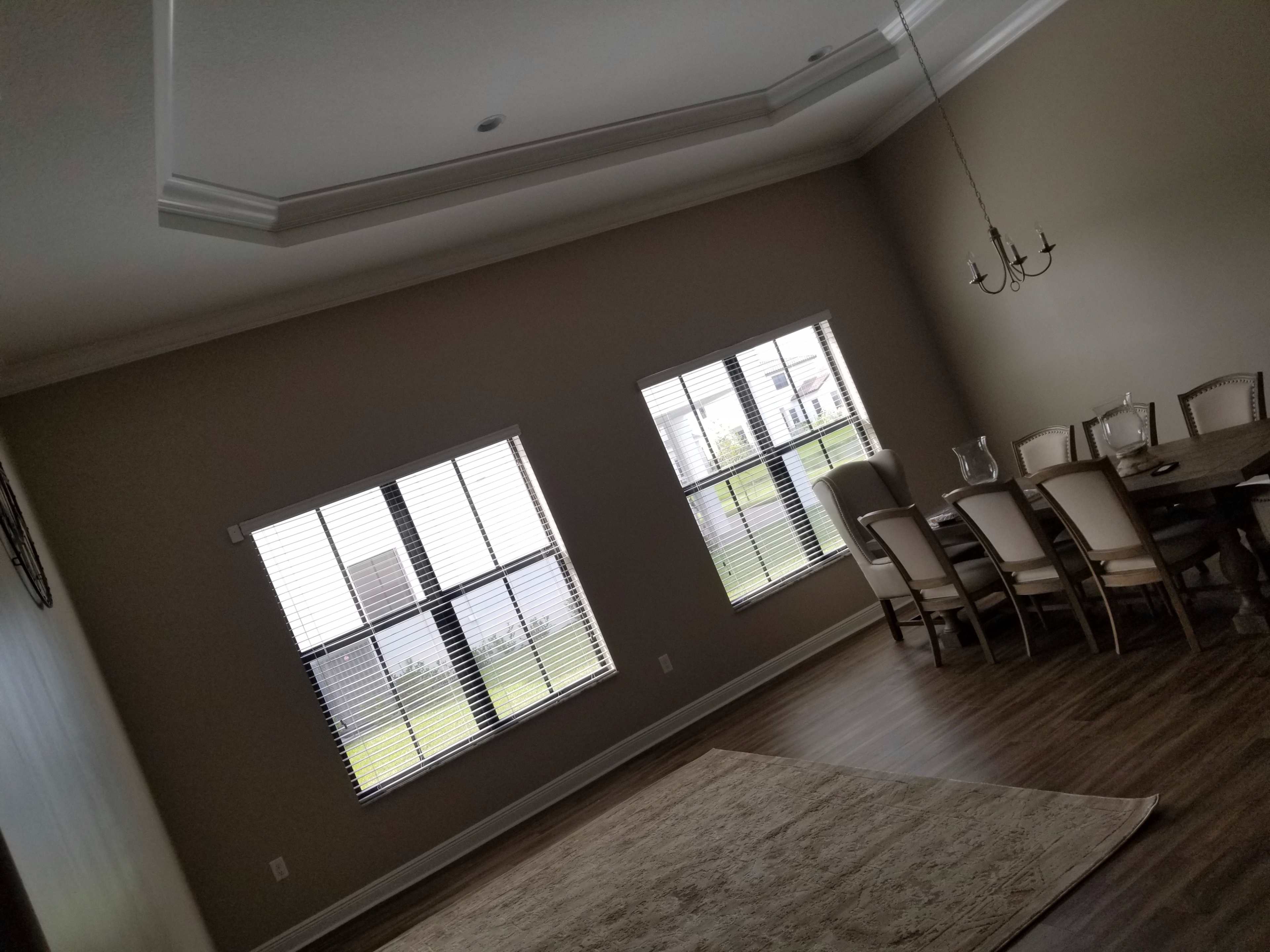 A dining area features a large table surrounded by chairs, with two windows providing natural light and a view of the outdoors.