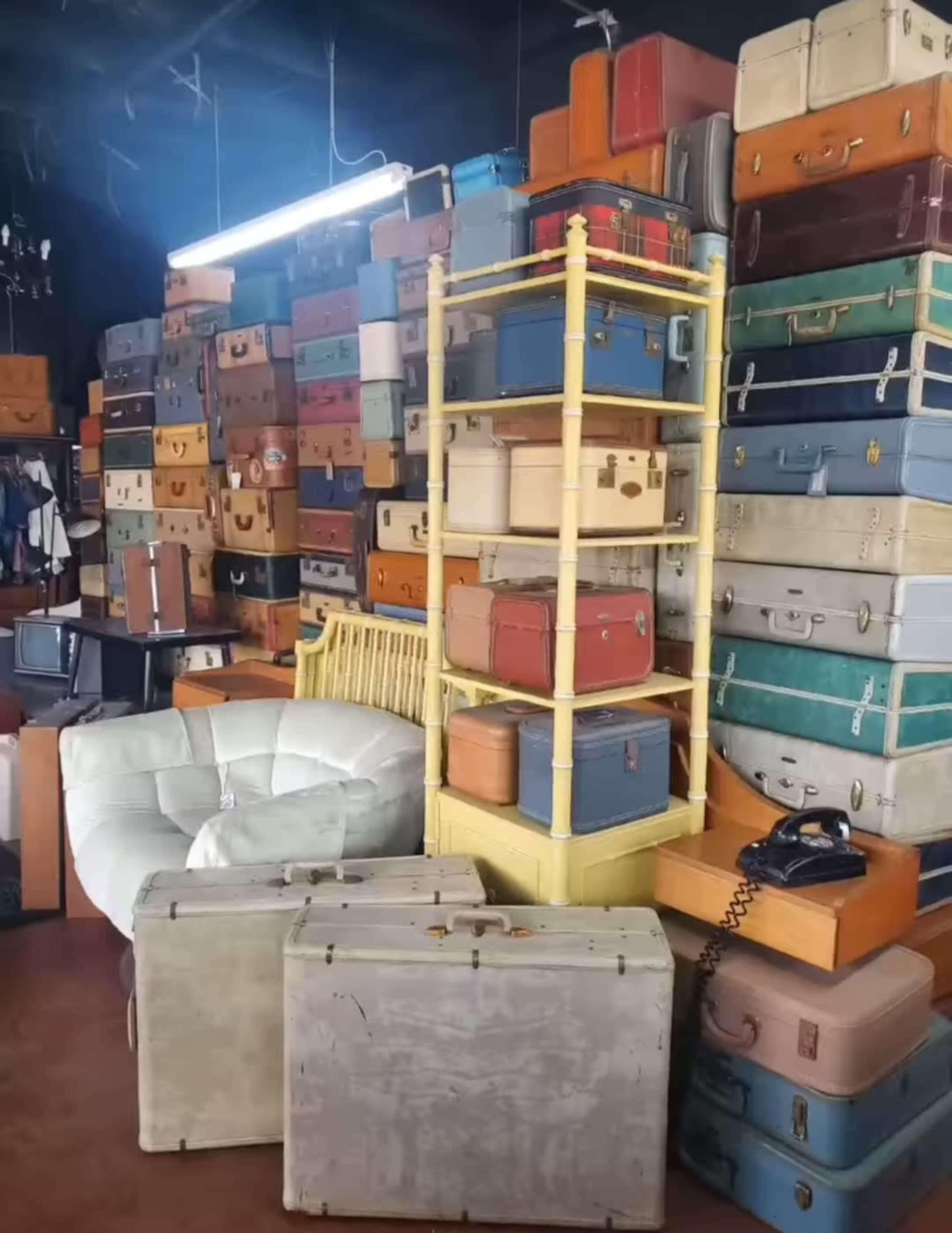A large stack of vintage suitcases is arranged against a wall, with a yellow shelving unit and a white chair in front.