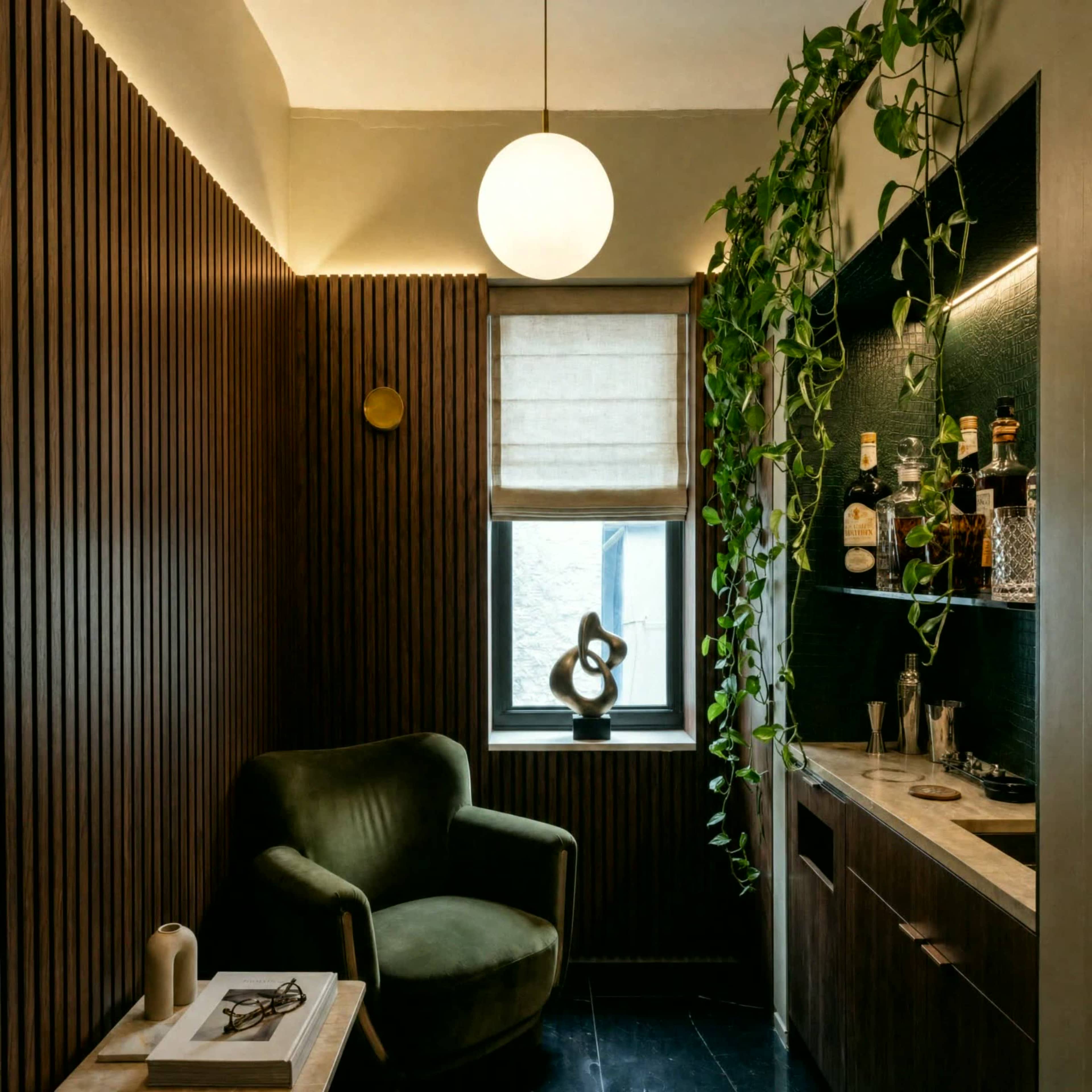 The image shows a cozy corner of a room featuring a green armchair, a wooden shelf with various liquor bottles, and a window covered with a light linen shade, surrounded by wooden paneling and hanging plants.