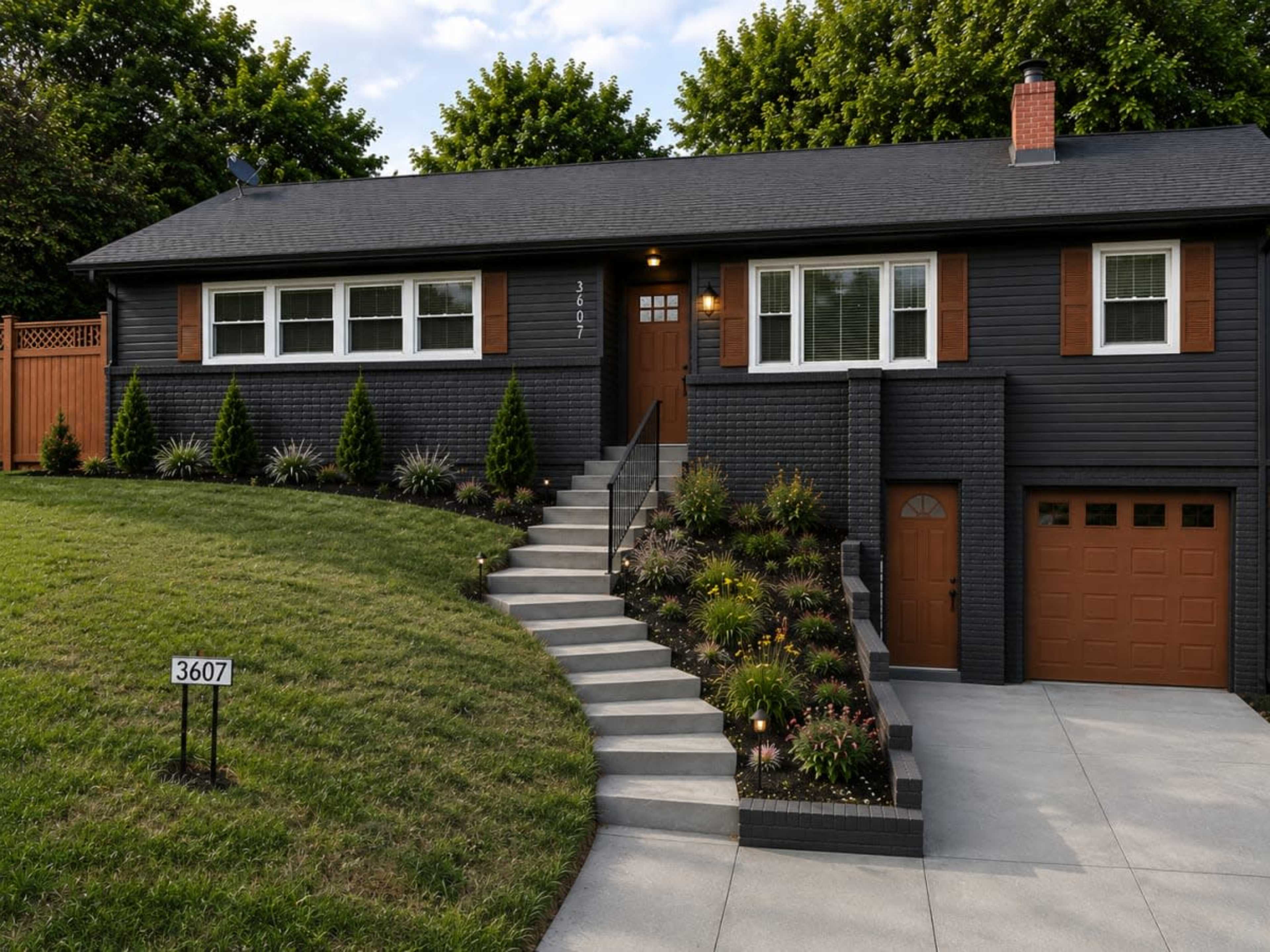 The image shows a black-painted house with brown accents, featuring a landscaped front yard, a concrete walkway, and a driveway leading to a garage.