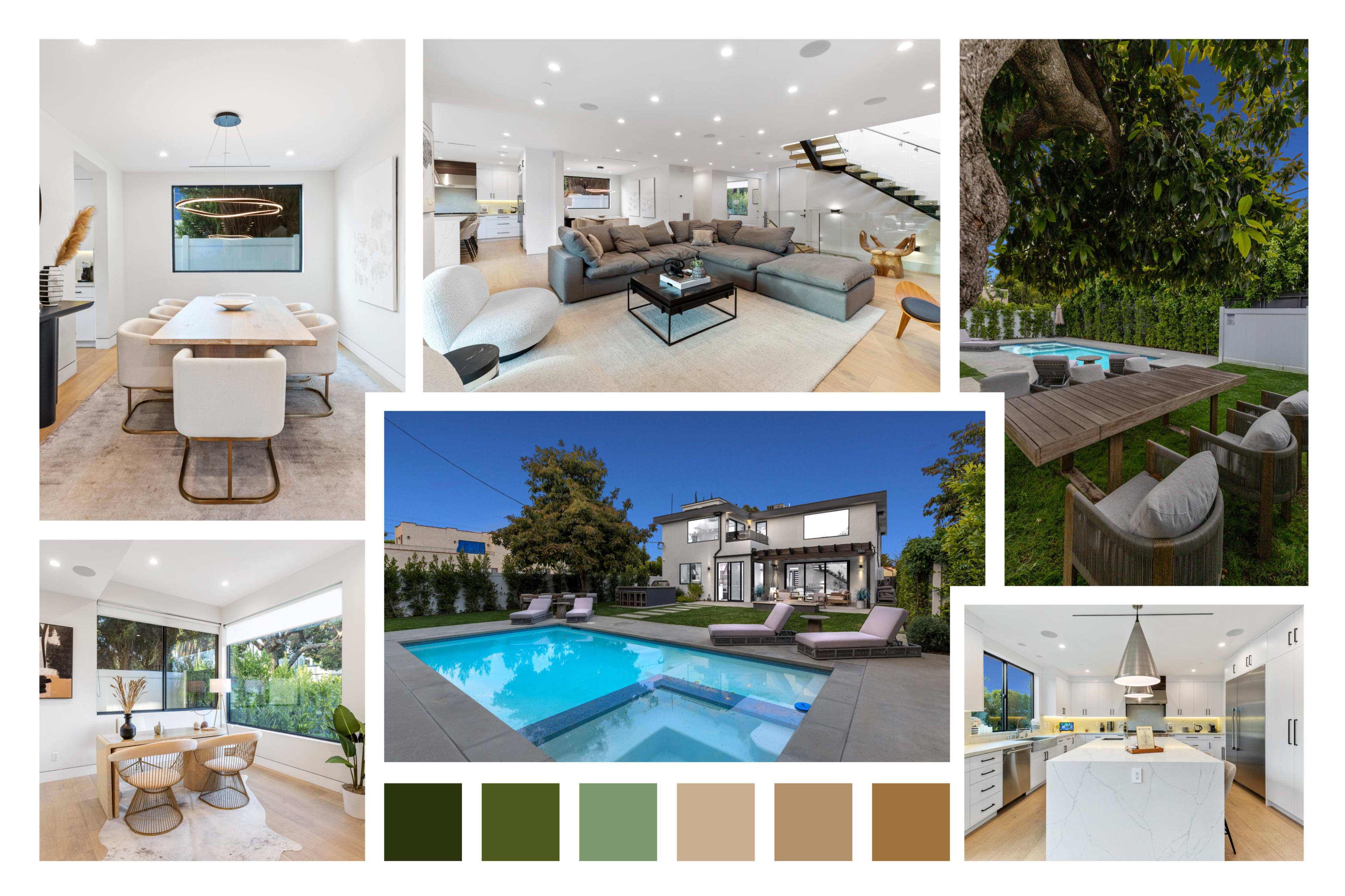 The image showcases a modern home featuring a dining area, living room, kitchen, outdoor pool, and seating areas amidst landscaped gardens.