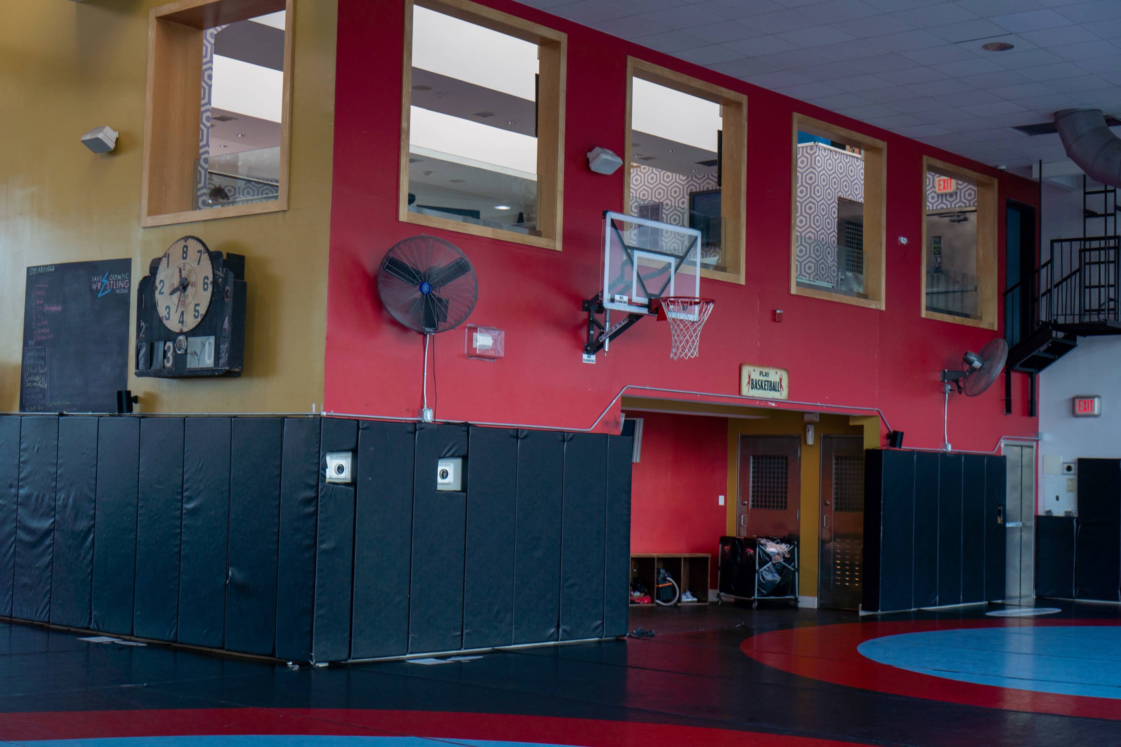 An indoor gymnasium with a basketball hoop on a red wall, padded barriers, and large windows above.