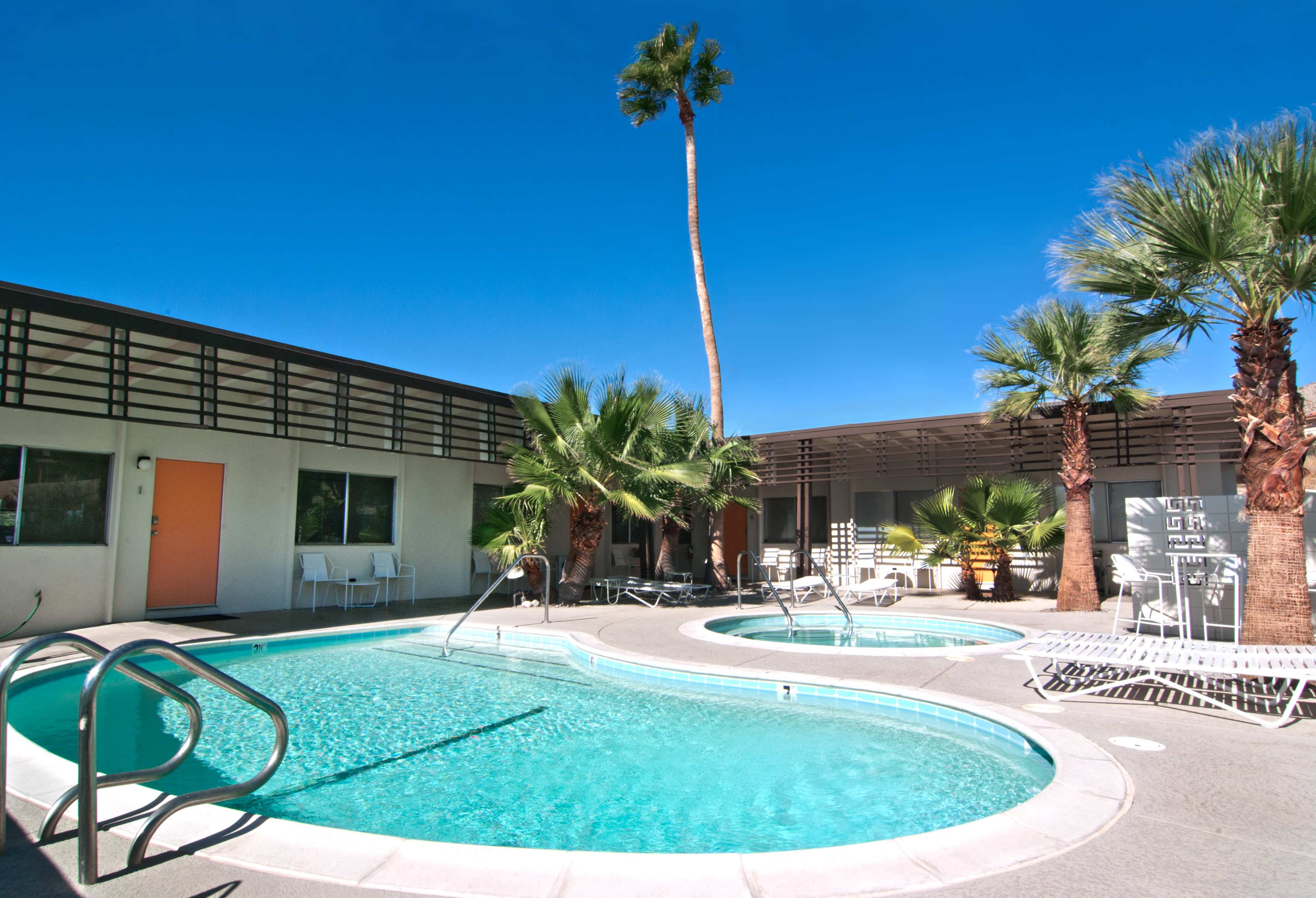 The image shows a rectangular swimming pool surrounded by palm trees and lounge chairs in a sunny courtyard.