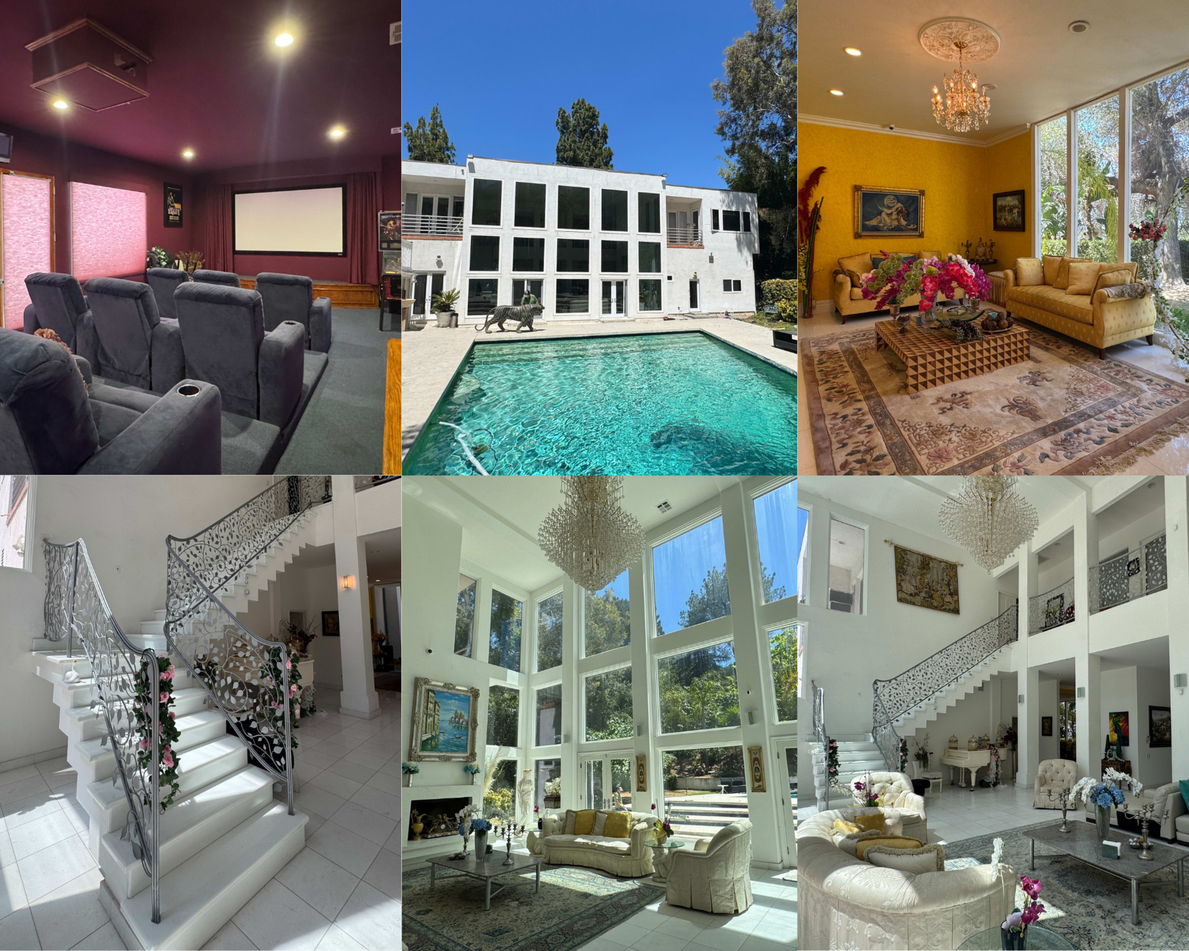 The image features a luxurious home, showcasing a movie theater room, a large swimming pool, multiple elegantly furnished living areas, and a grand staircase.