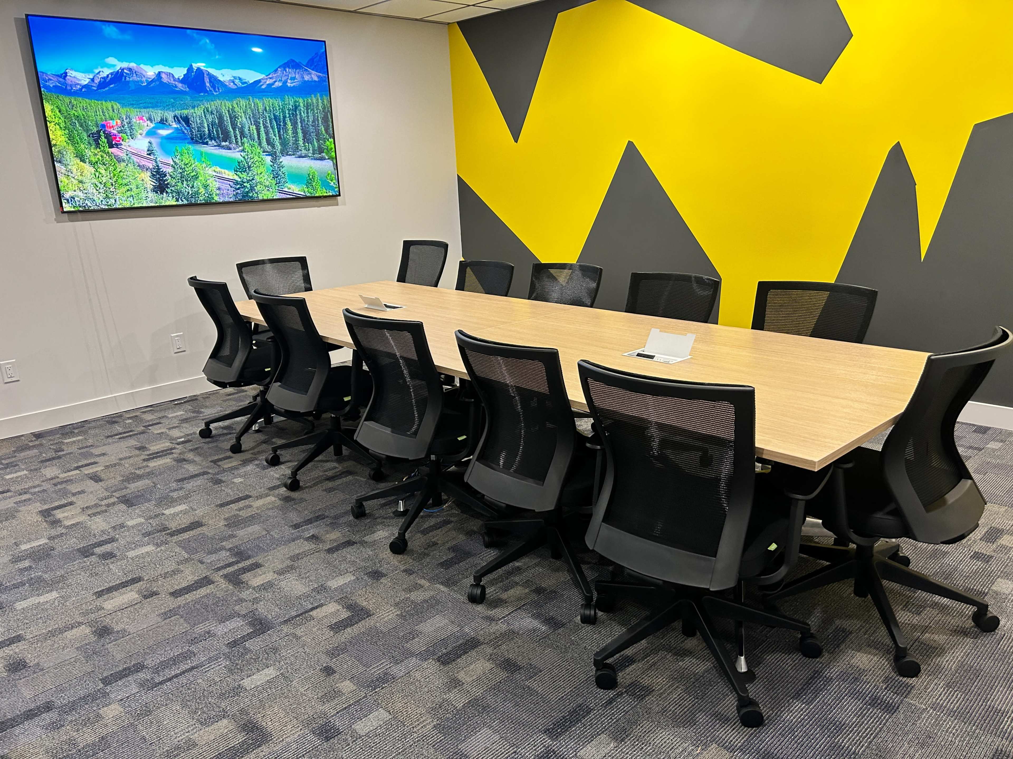 A large conference room features a long wooden table surrounded by black mesh chairs, with a large television displaying a scenic landscape on the wall.
