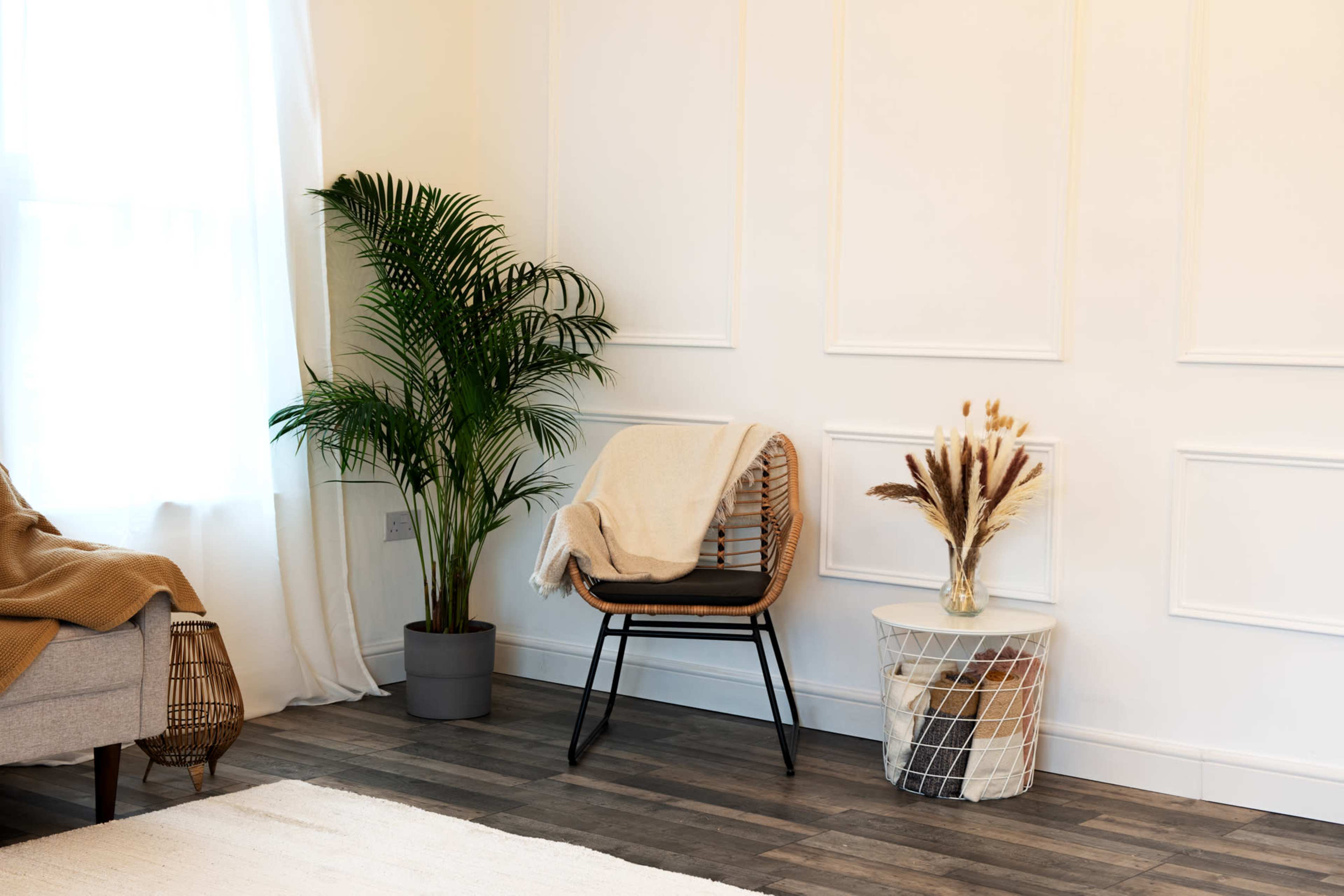 A cozy living space features a woven chair with a blanket draped over it, a potted plant in the corner, and a decorative table with dried flowers.