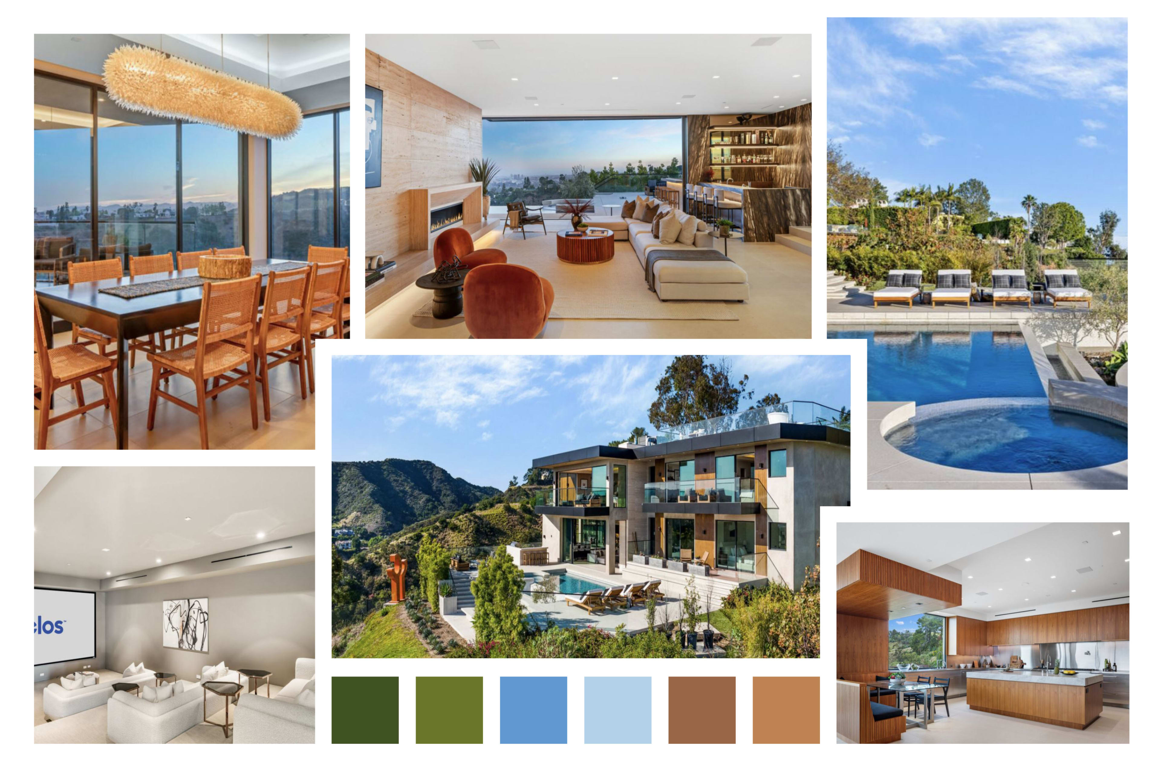 The image displays a collage of modern interior and exterior spaces, featuring a dining area, a living room with a scenic view, an outdoor pool, and a sleek kitchen, all showcasing contemporary design elements.