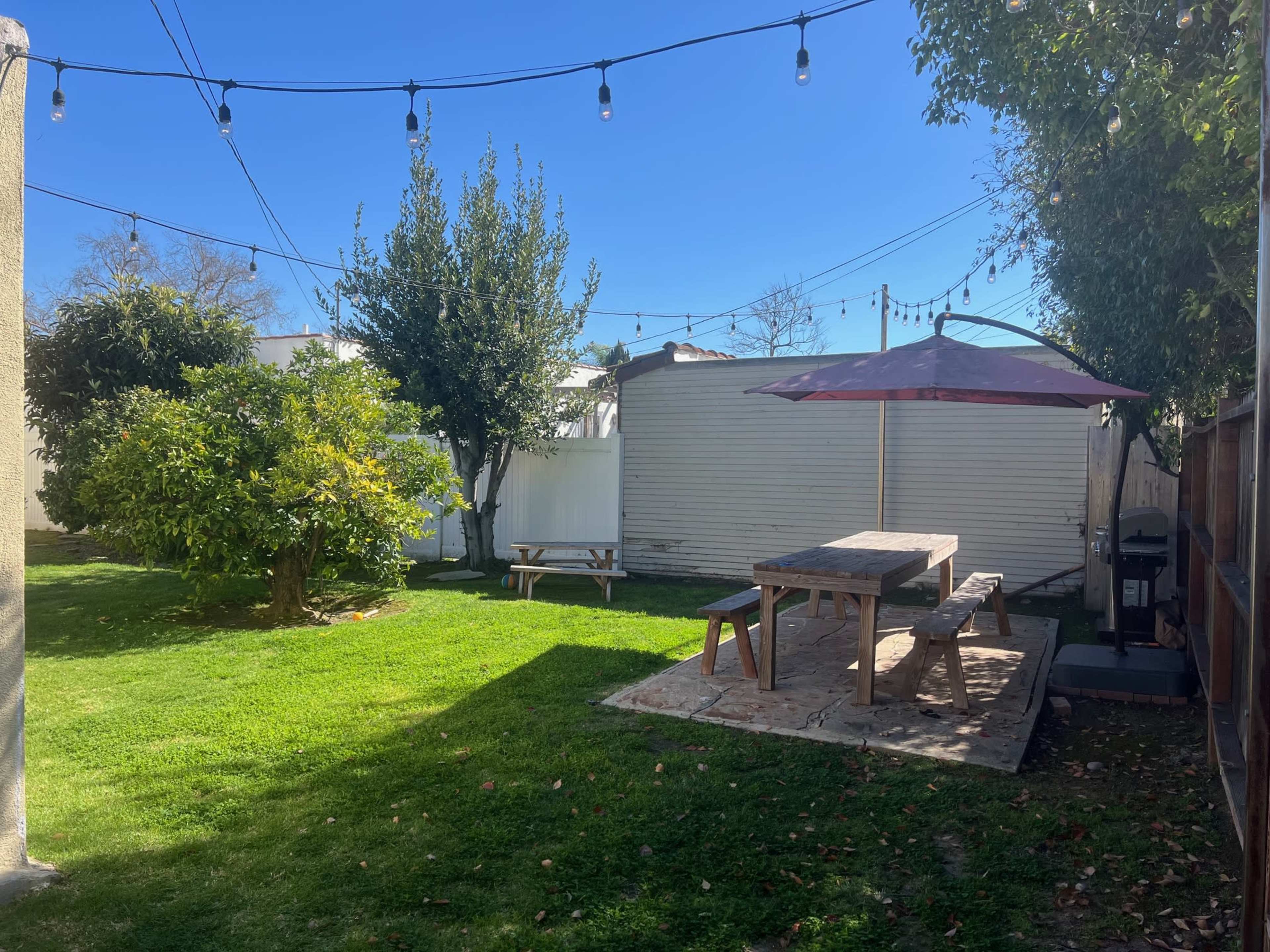 The image shows a backyard with a wooden picnic table, an umbrella, a grassy area, and trees, surrounded by string lights overhead.