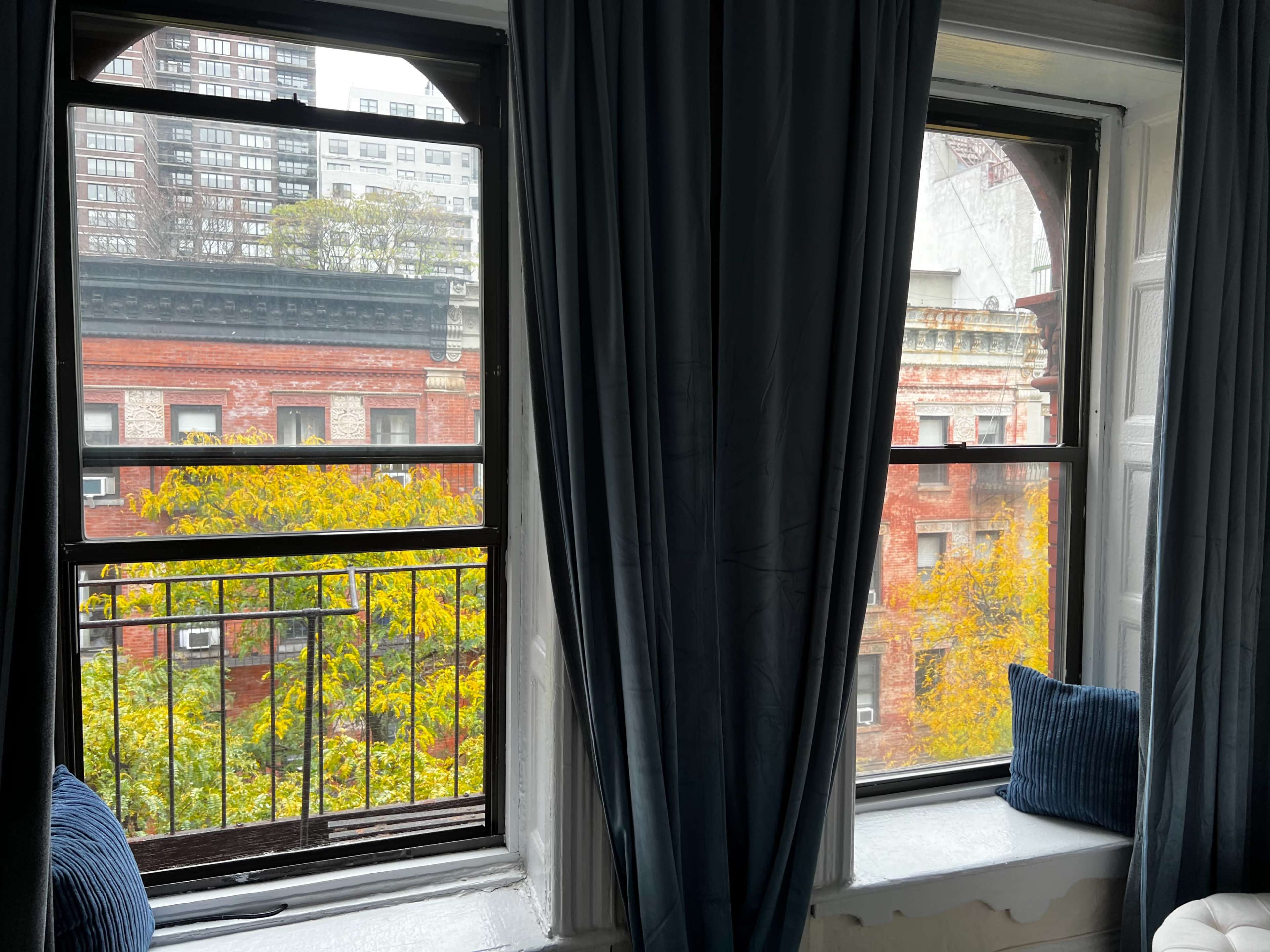 Two windows with sheer blue curtains, framing a view of brick buildings and colorful autumn foliage outside.