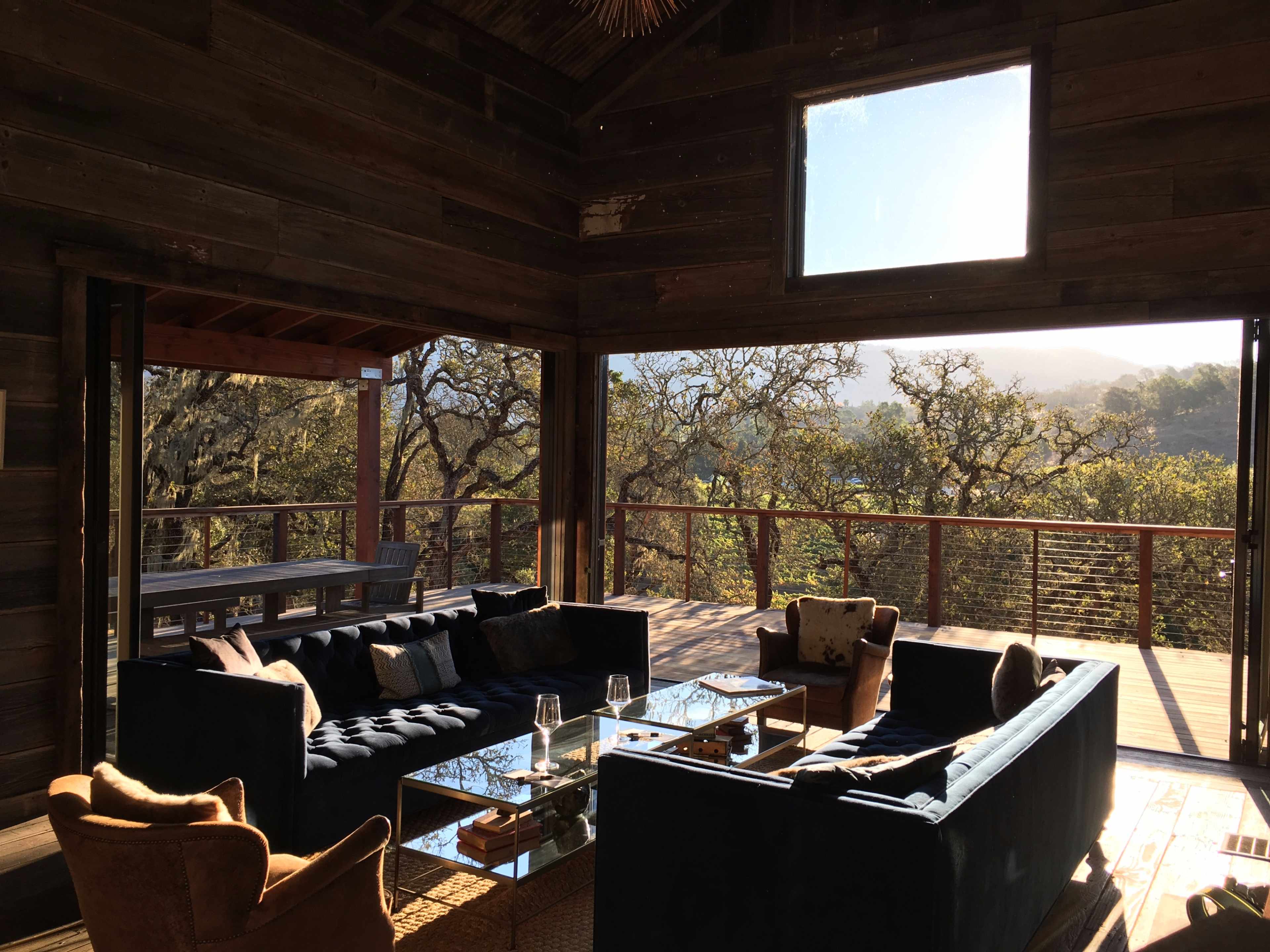 A modern wooden interior with blue sofas, a glass coffee table, and large windows overlooking a treed landscape.