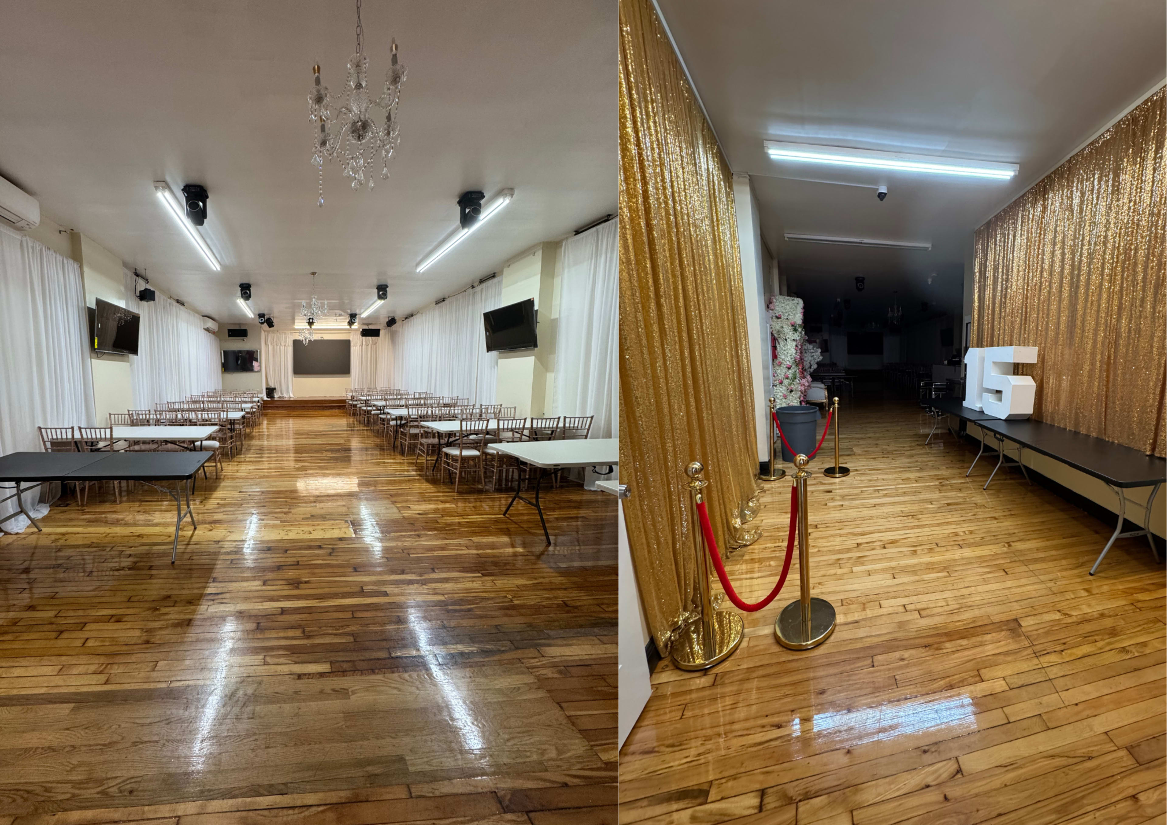 The image shows a large event space with polished wooden floors, featuring a row of tables and chairs on one side, and a glamorous, gold-sequined backdrop with a red carpet and stanchions on the other.