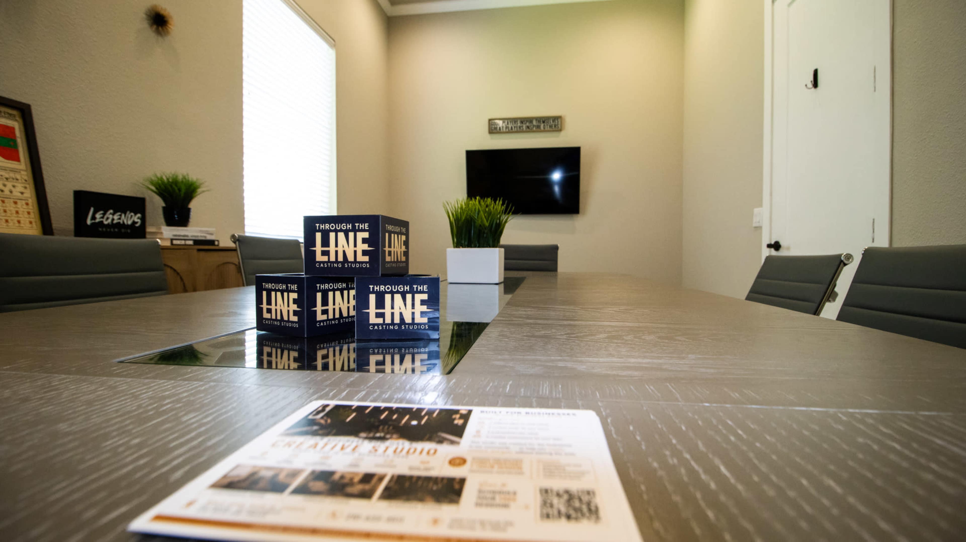 A conference room features a large wooden table, several leather chairs, a flat-screen TV on the wall, and promotional materials on the table, with a plant in the background.