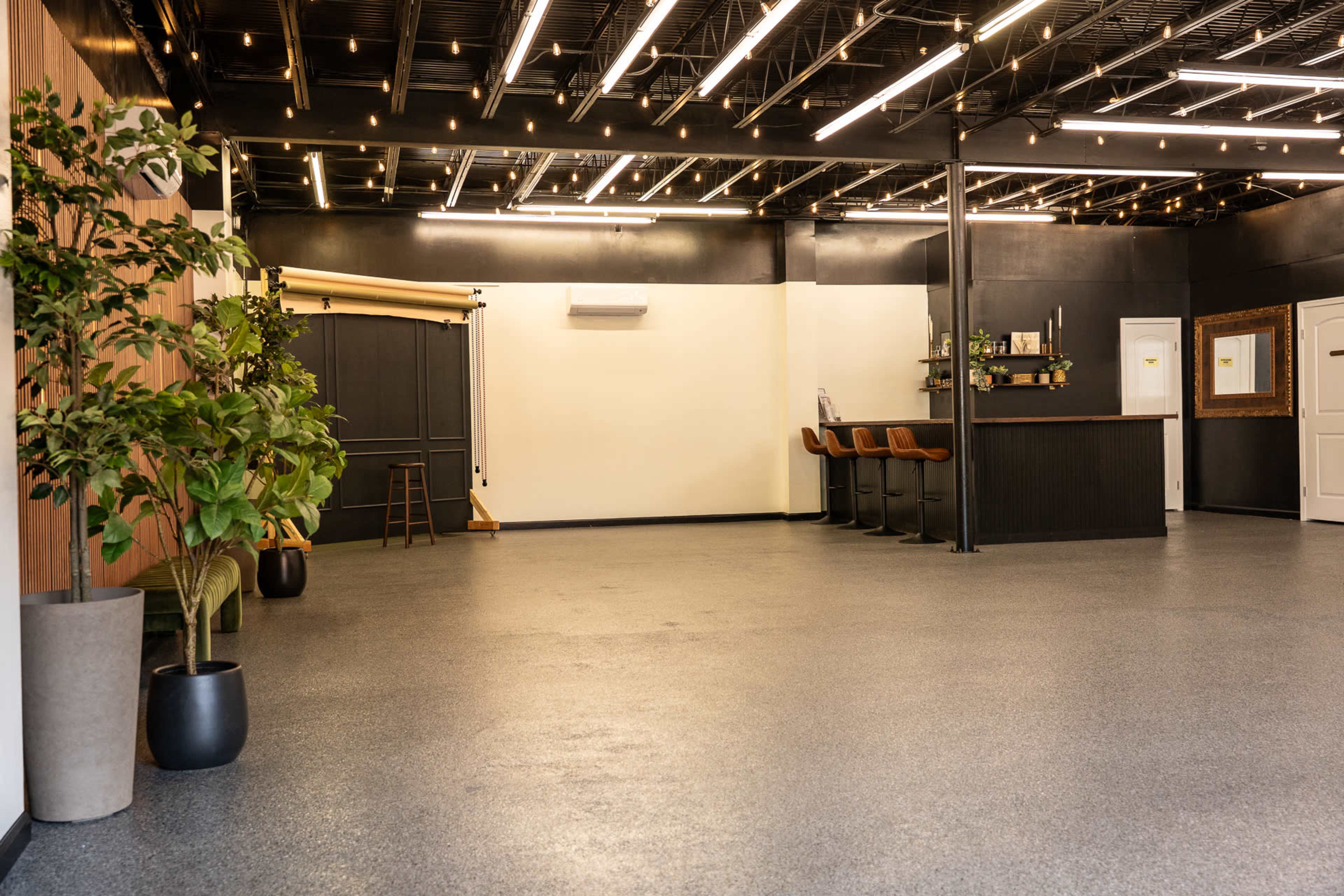 The image shows a spacious interior with a polished floor, a bar area with four stools, and a large blank wall, complemented by potted plants and a backdrop setup.