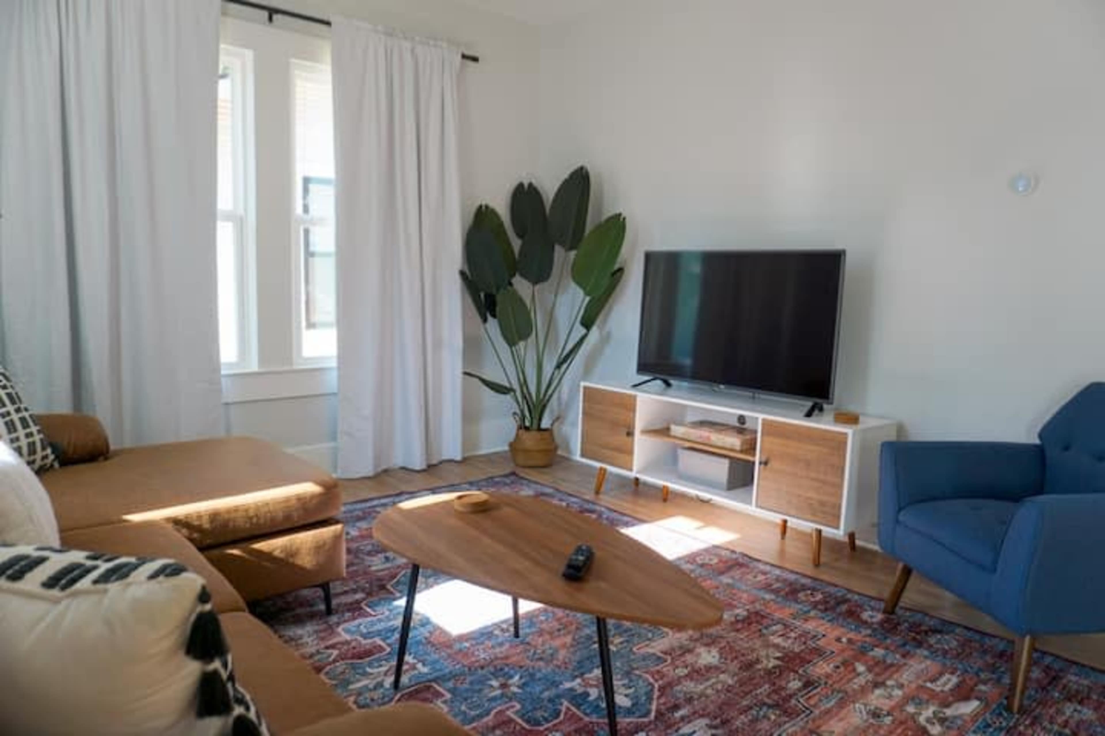 A living room features a brown sectional sofa, a blue armchair, a patterned rug, a TV on a white cabinet, and a large potted plant beside the window.