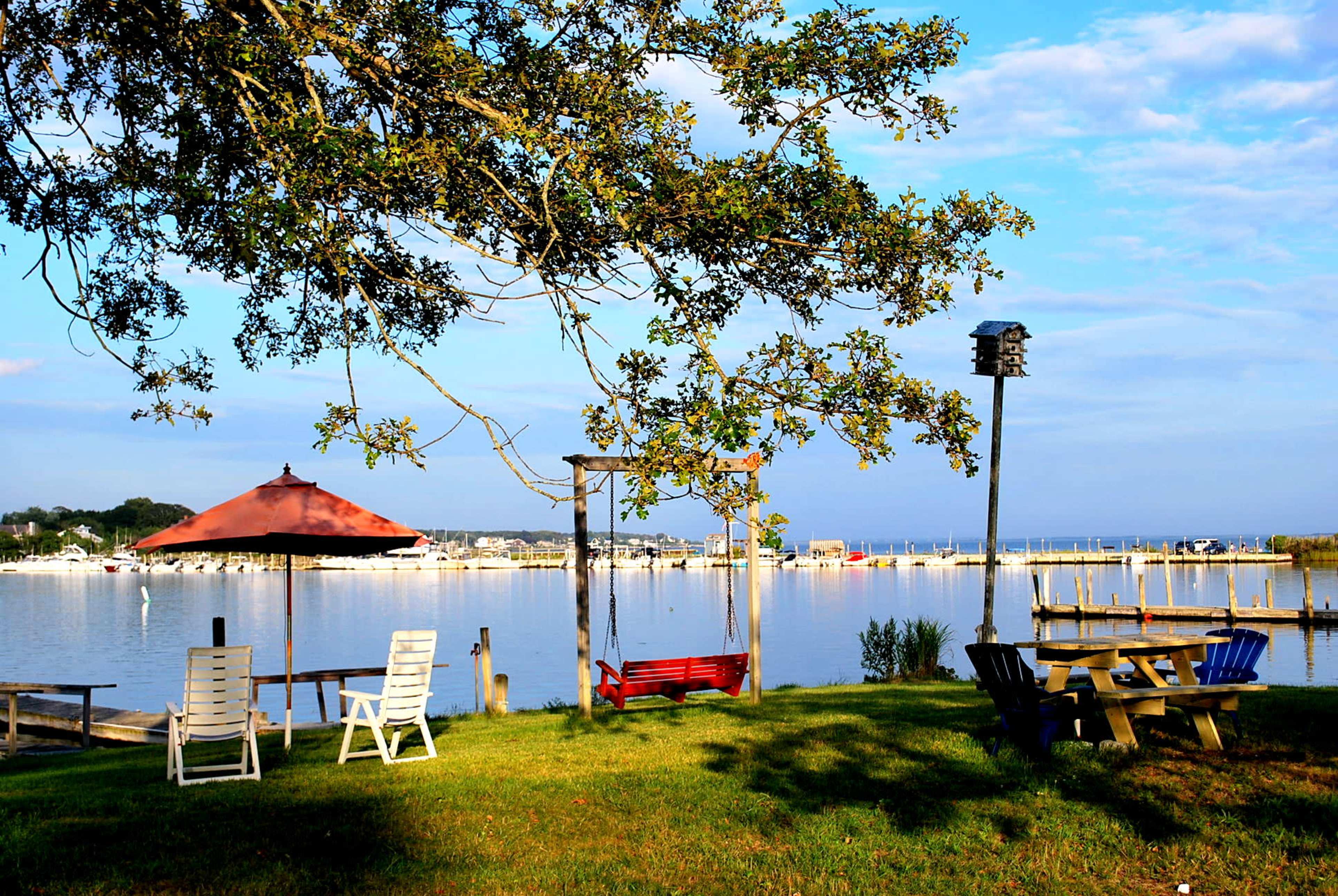 The image features a calm waterfront scene with chairs and tables arranged on a grassy area overlooking a marina with docked boats.