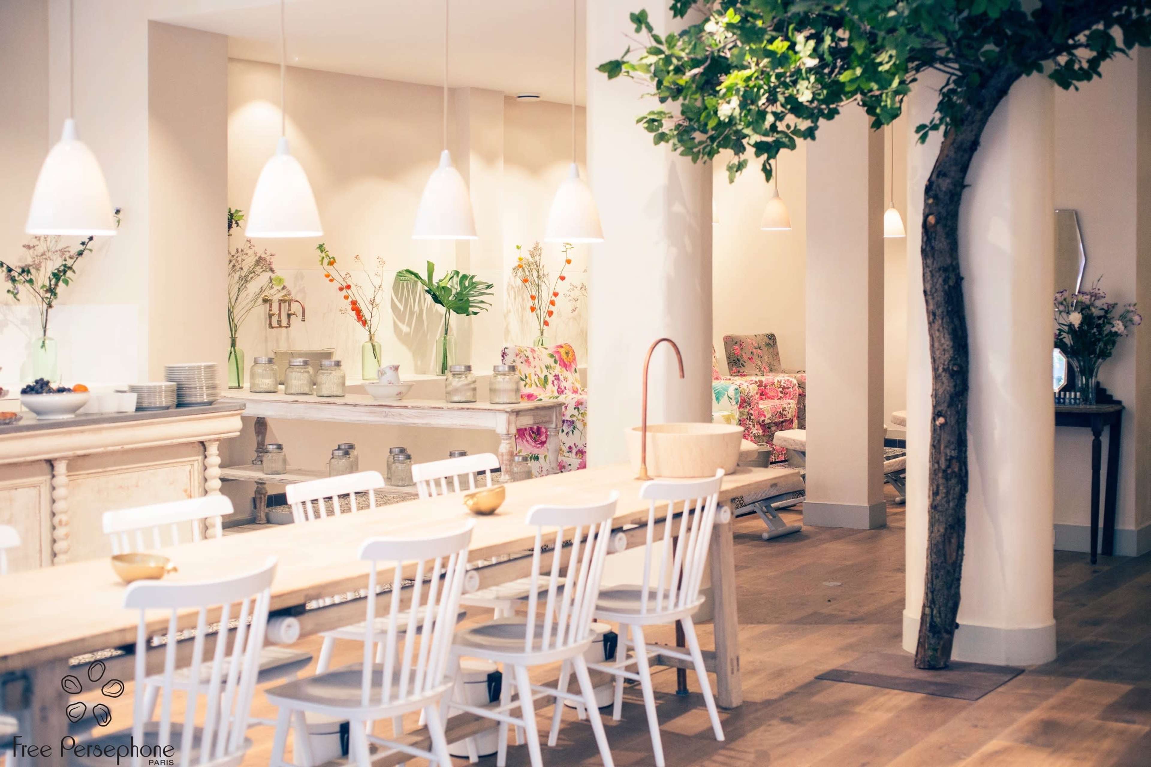 A long wooden table with white chairs is set in a bright, open kitchen area featuring a tree and decorative plants.