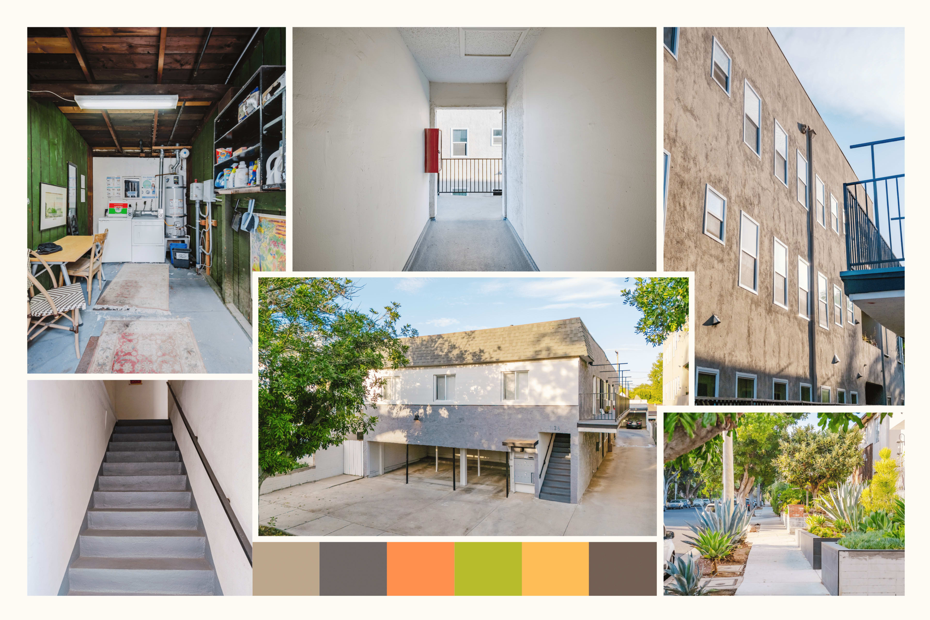 The collage features images of a residential building's interior and exterior, including storage areas, hallways, staircases, and outdoor spaces.