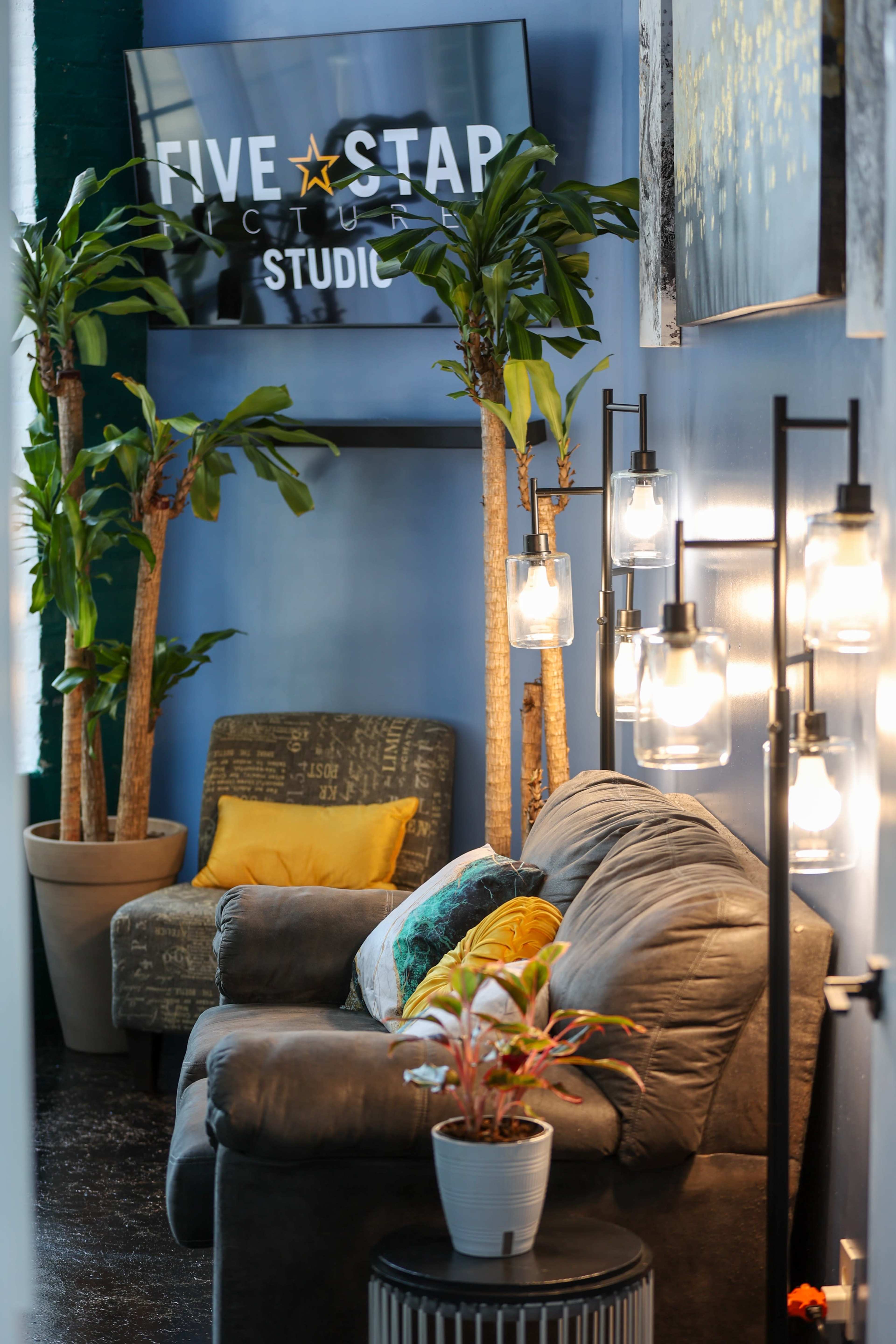 The image shows a cozy studio space featuring a gray sofa, decorative pillows, a small plant, a large screen displaying "FIVE STAR PICTURES STUDIO," and several tall potted plants beside a lamp with hanging light bulbs.