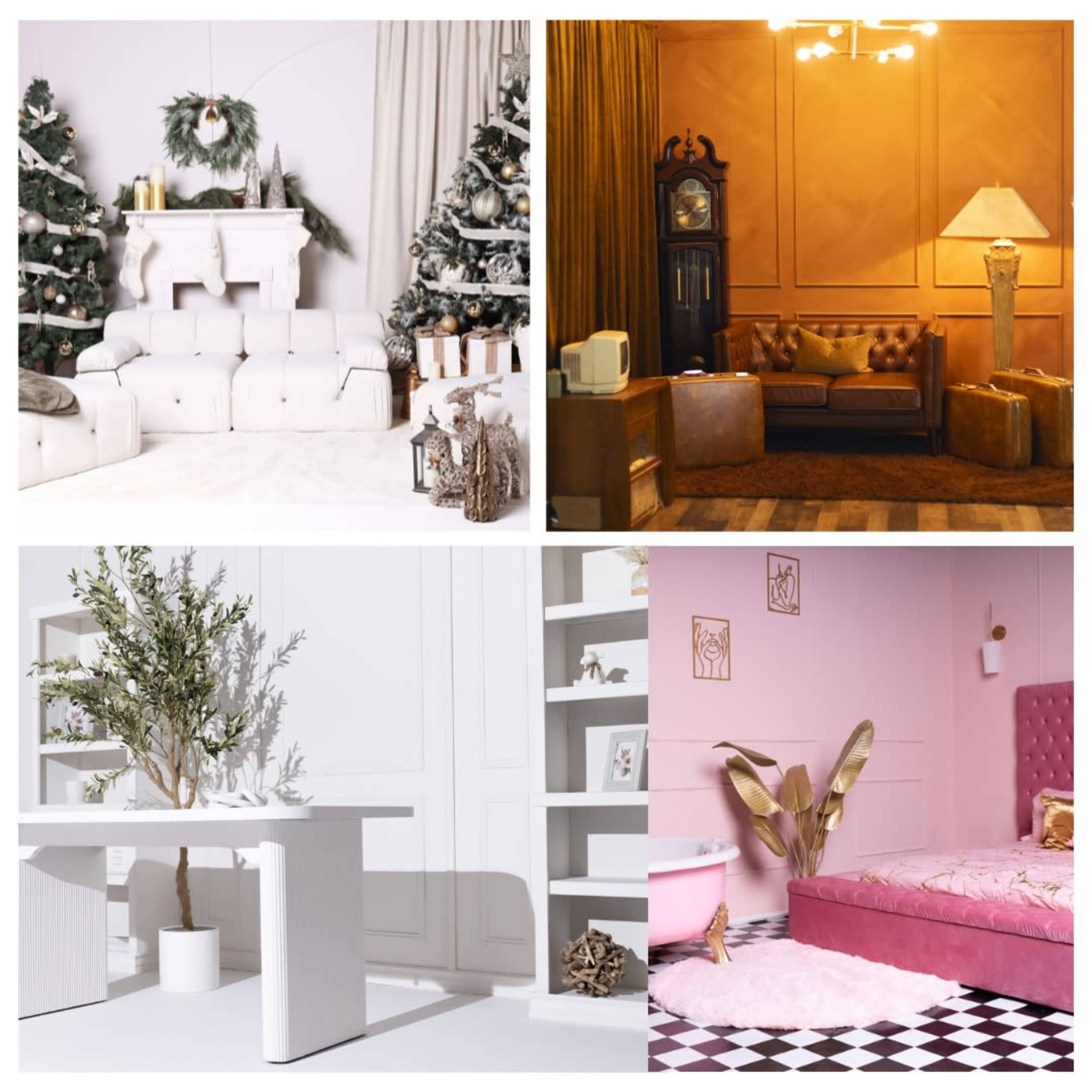 The image features four distinct interior scenes: a festive living room adorned with Christmas trees and decorations, a cozy lounge area with vintage furniture and warm lighting, a minimalist workspace with a sleek table and greenery, and a stylish pink bedroom featuring a plush bed and geometric flooring.